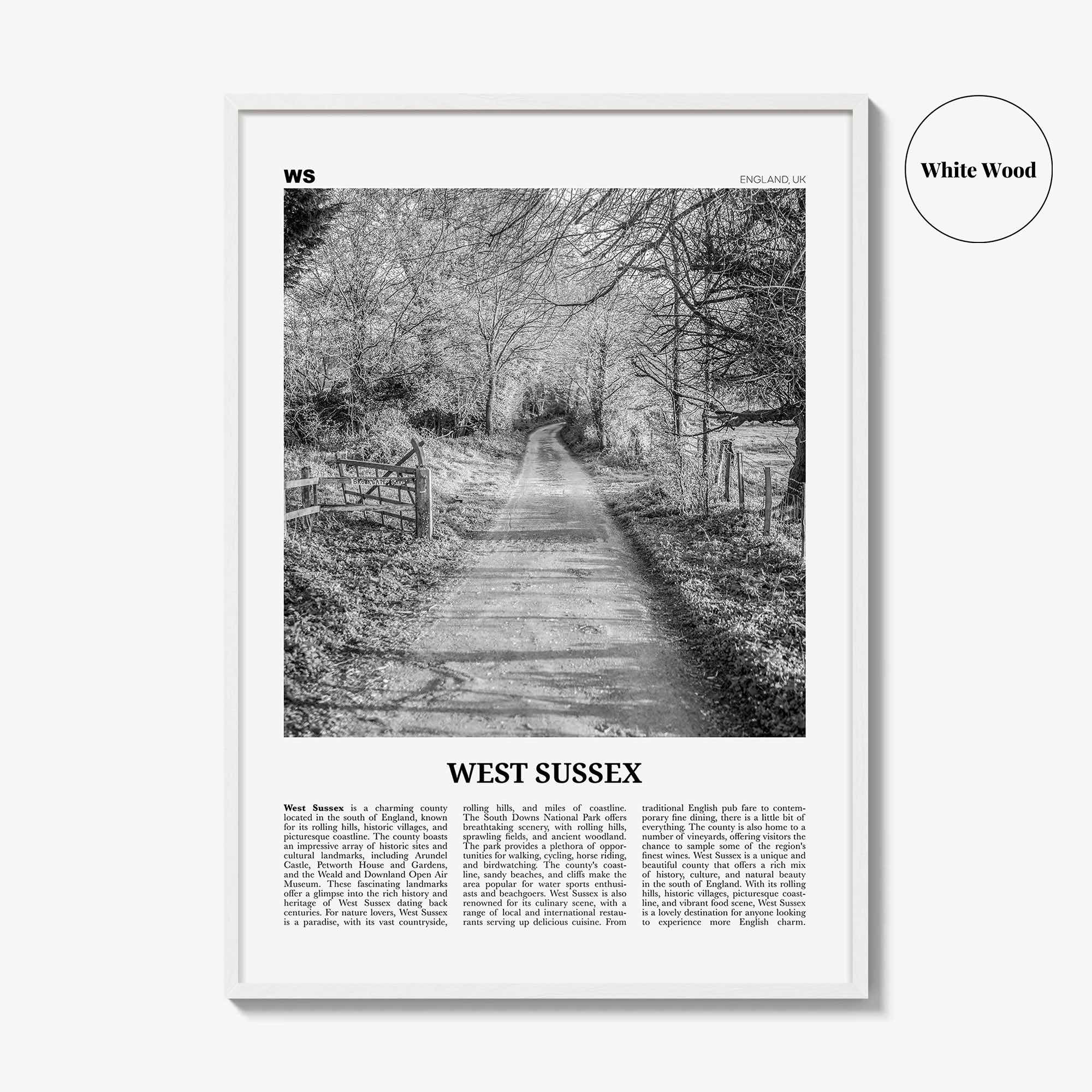 West Sussex Print Black and White, West Sussex Wall Art, West Sussex Poster, West Sussex Photo, West Sussex Map, England, UK, United Kingdom