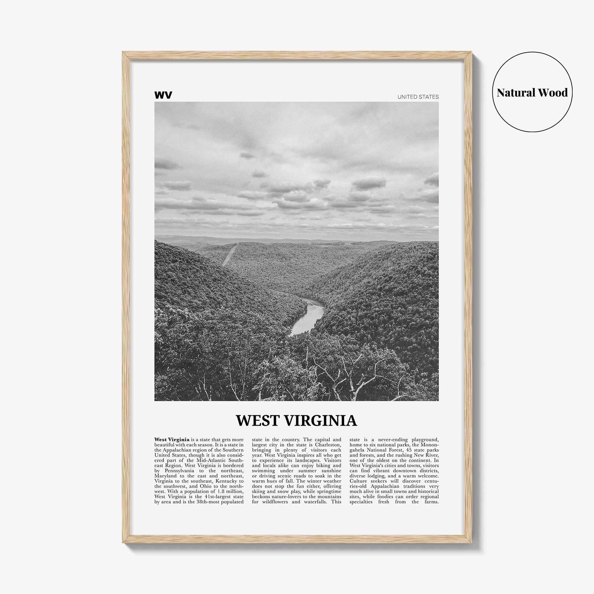 West Virginia Print Black and White No 1, West Virginia Wall Art, West Virginia Poster, West Virginia Photo, USA, United States