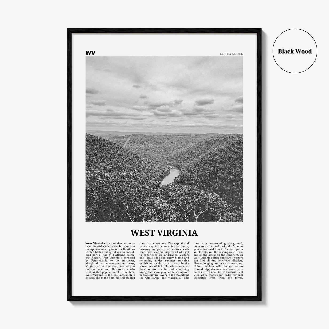 West Virginia Print Black and White No 1, West Virginia Wall Art, West Virginia Poster, West Virginia Photo, USA, United States