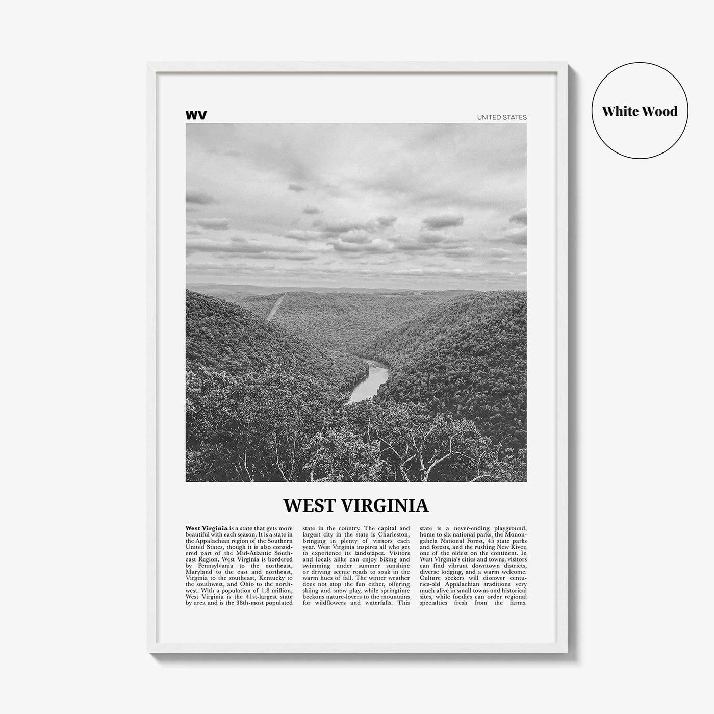 West Virginia Print Black and White No 1, West Virginia Wall Art, West Virginia Poster, West Virginia Photo, USA, United States