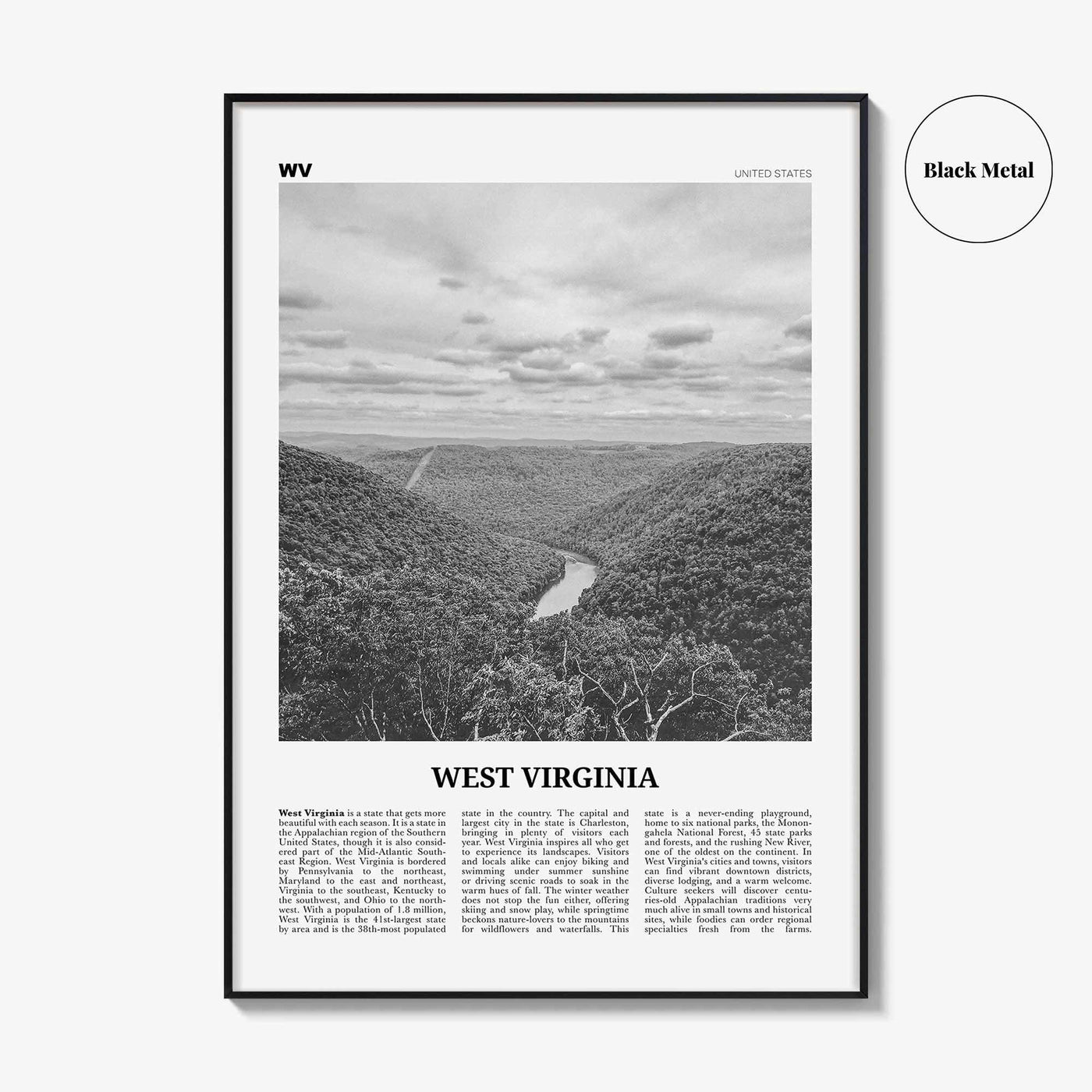 West Virginia Print Black and White No 1, West Virginia Wall Art, West Virginia Poster, West Virginia Photo, USA, United States