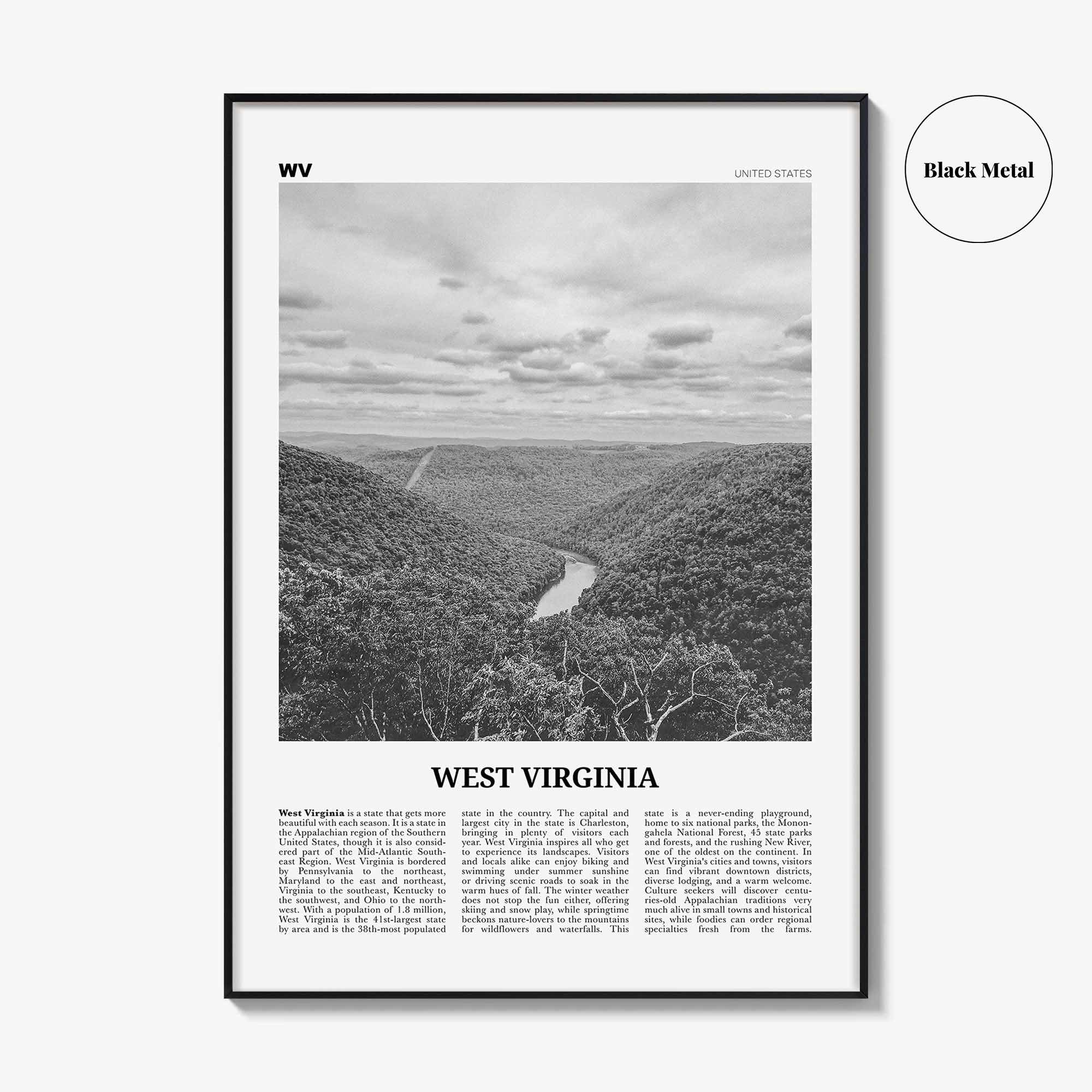 West Virginia Print Black and White No 1, West Virginia Wall Art, West Virginia Poster, West Virginia Photo, USA, United States