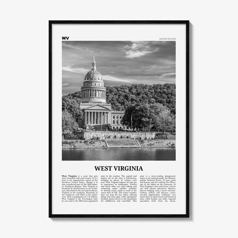 West Virginia Print Black and White No 2, West Virginia Art, West Virginia Poster, West Virginia Photo, West Virginia Map