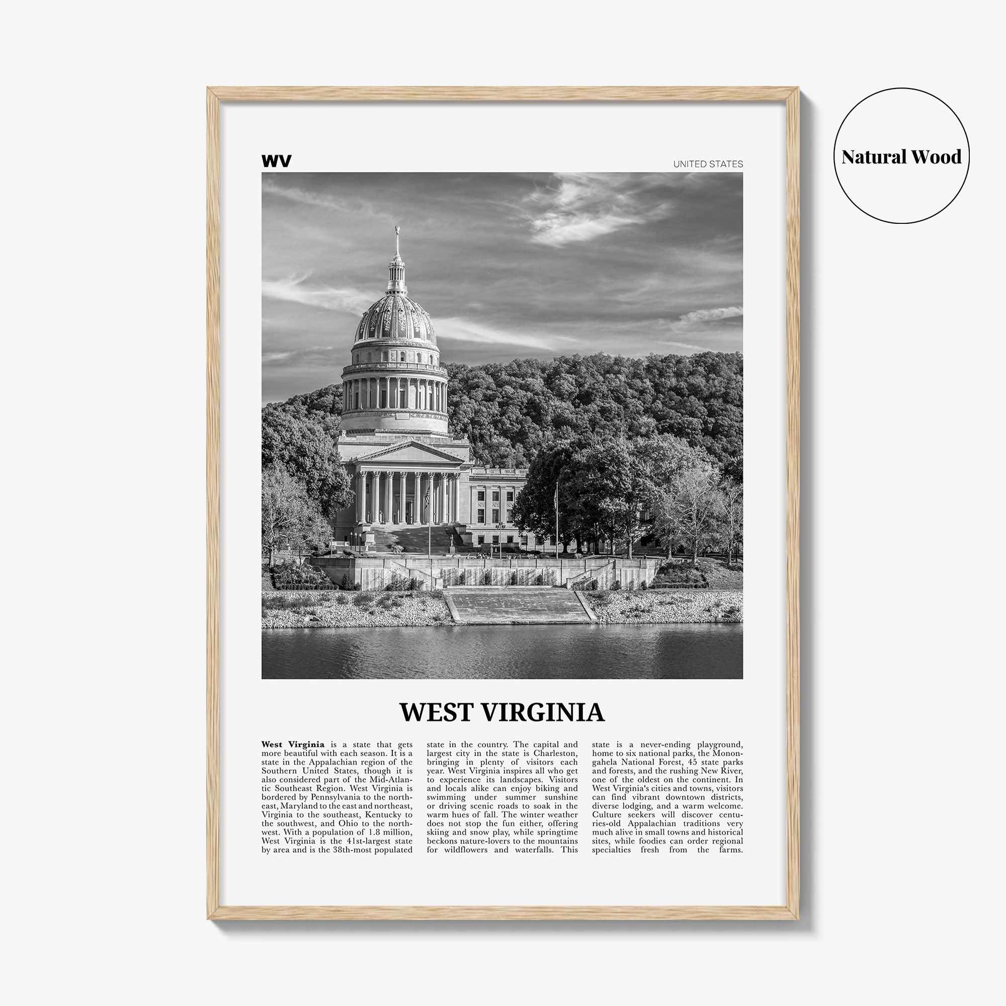 West Virginia Print Black and White No 2, West Virginia Art, West Virginia Poster, West Virginia Photo, West Virginia Map