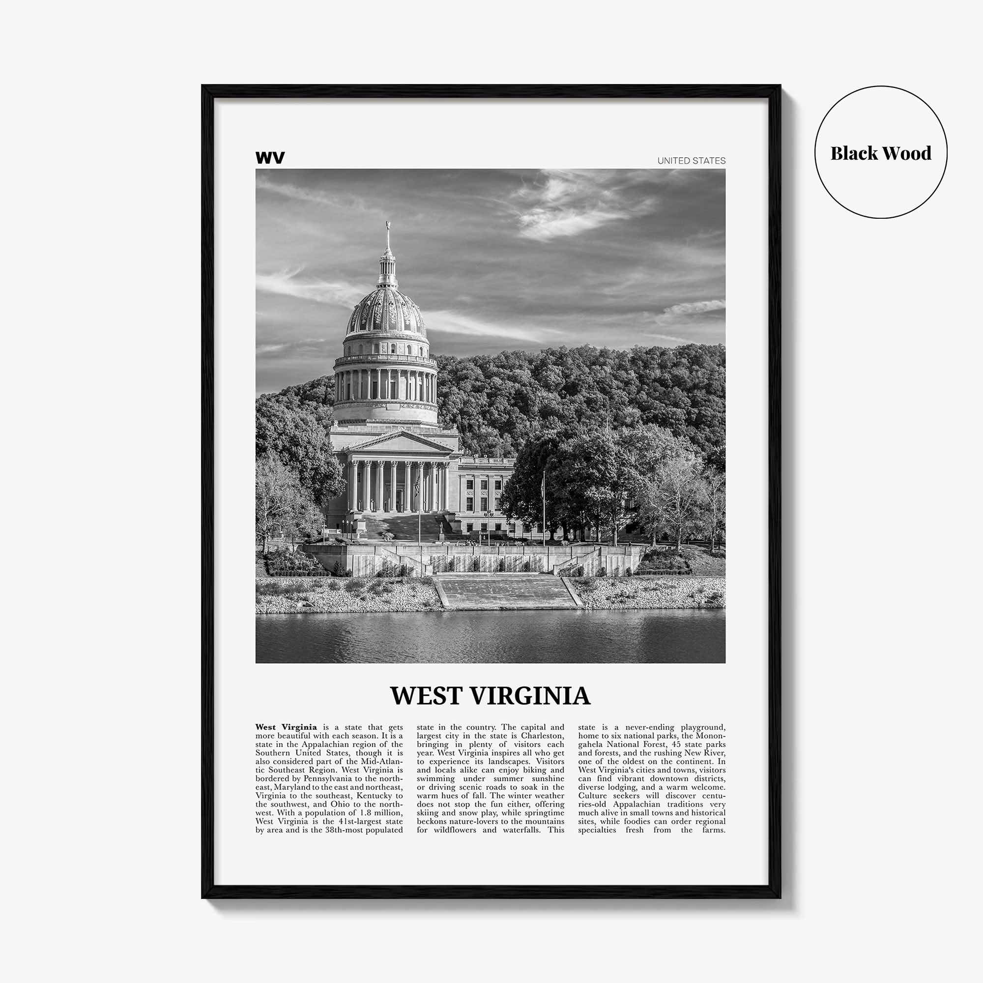 West Virginia Print Black and White No 2, West Virginia Art, West Virginia Poster, West Virginia Photo, West Virginia Map