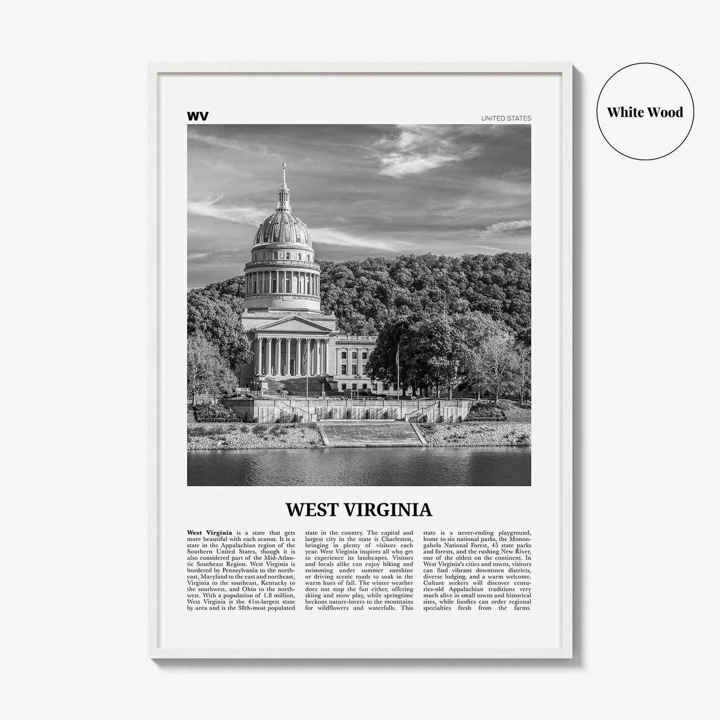 West Virginia Print Black and White No 2, West Virginia Art, West Virginia Poster, West Virginia Photo, West Virginia Map