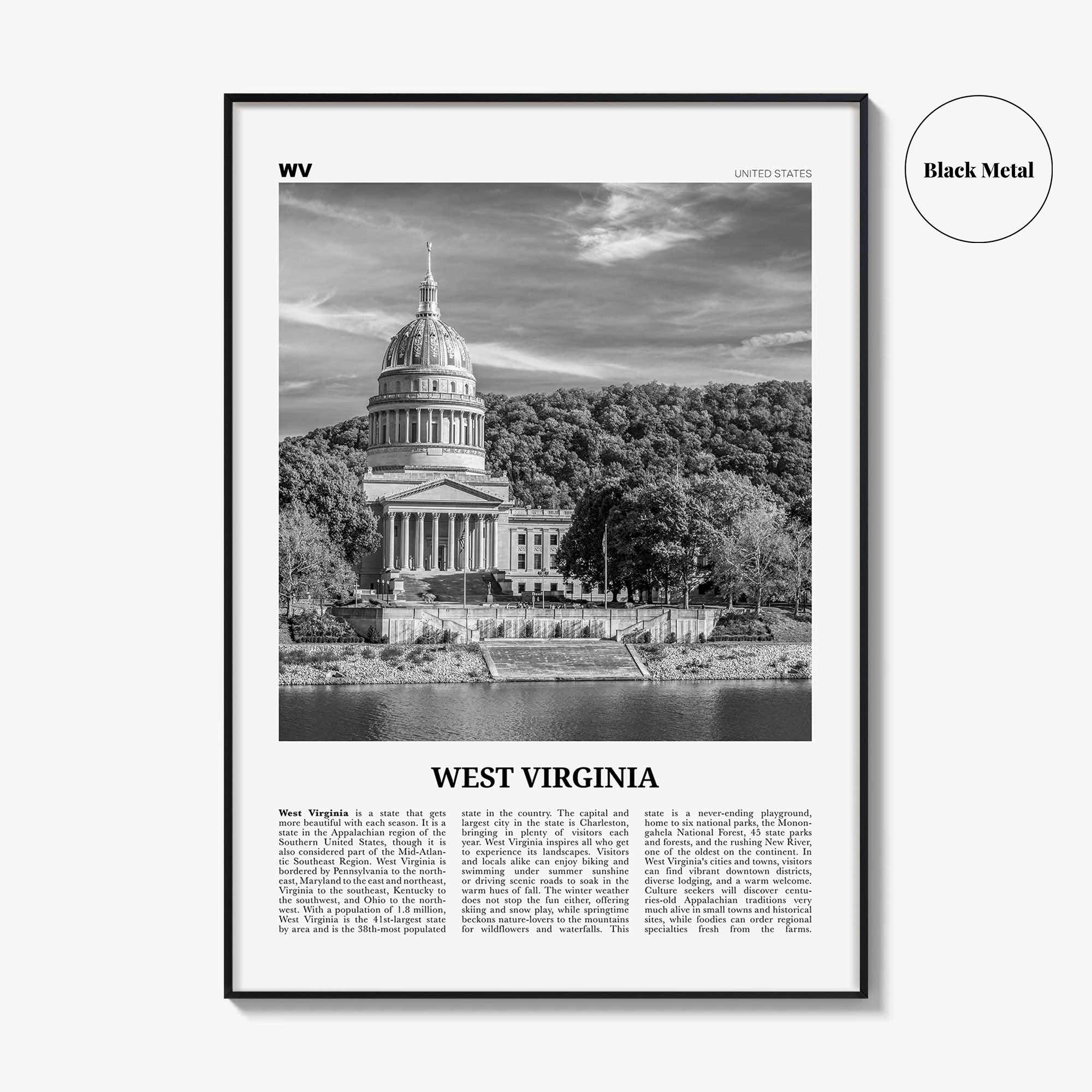 West Virginia Print Black and White No 2, West Virginia Art, West Virginia Poster, West Virginia Photo, West Virginia Map