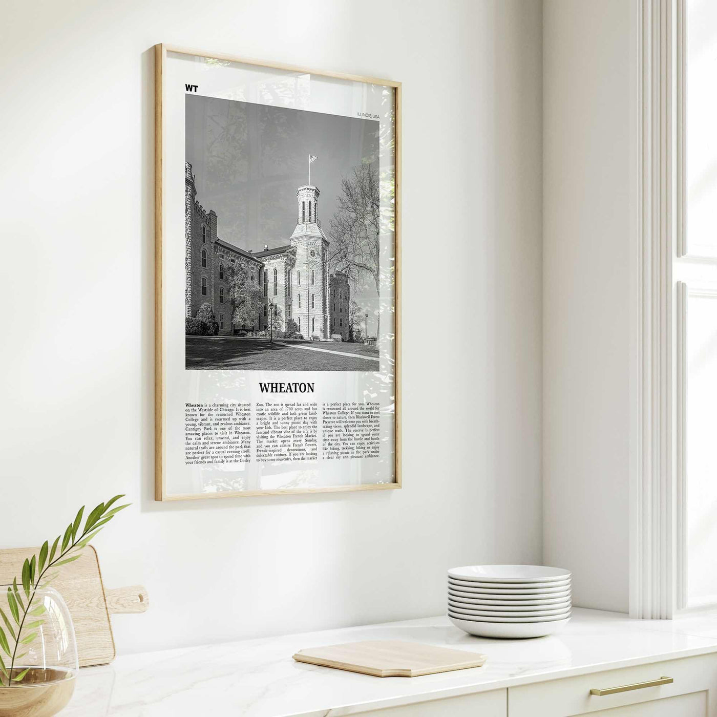 Wheaton Print Black and White, Wheaton Wall Art, Wheaton Poster, Wheaton Photo, Wheaton Map, Illinois, USA, United States