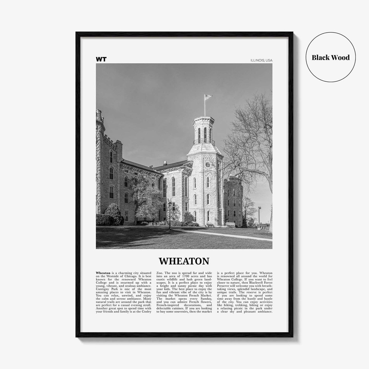 Wheaton Print Black and White, Wheaton Wall Art, Wheaton Poster, Wheaton Photo, Wheaton Map, Illinois, USA, United States
