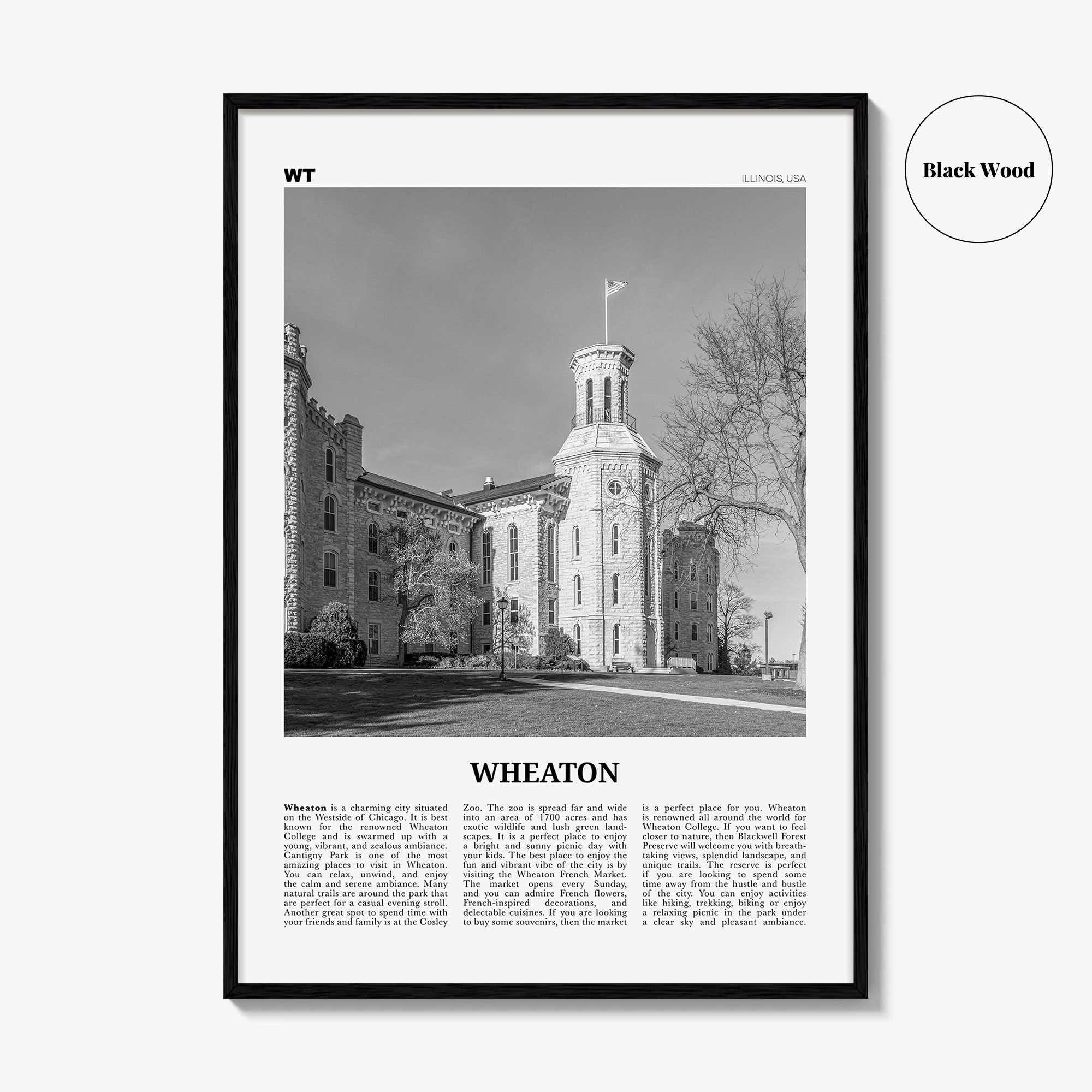 Wheaton Print Black and White, Wheaton Wall Art, Wheaton Poster, Wheaton Photo, Wheaton Map, Illinois, USA, United States