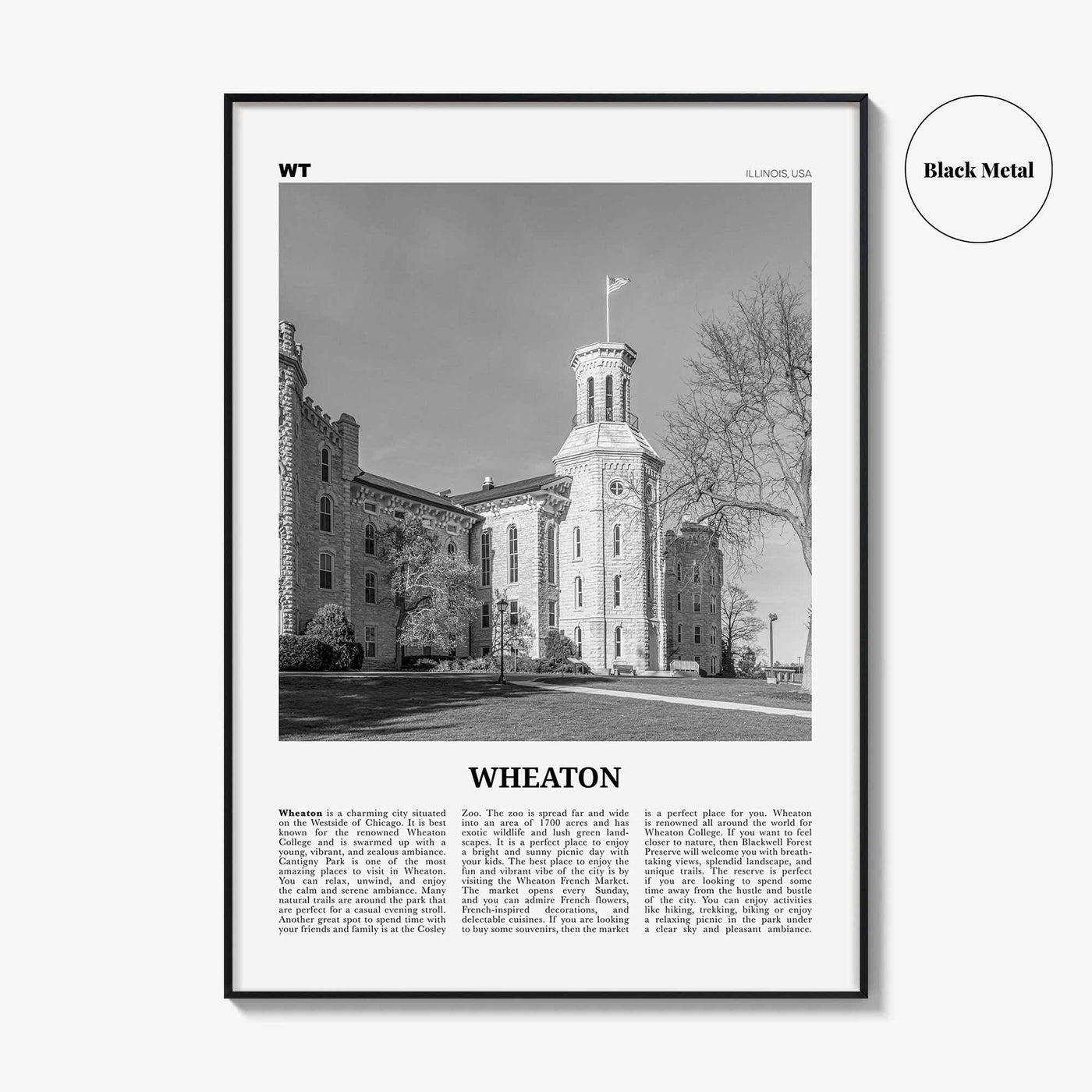 Wheaton Print Black and White, Wheaton Wall Art, Wheaton Poster, Wheaton Photo, Wheaton Map, Illinois, USA, United States