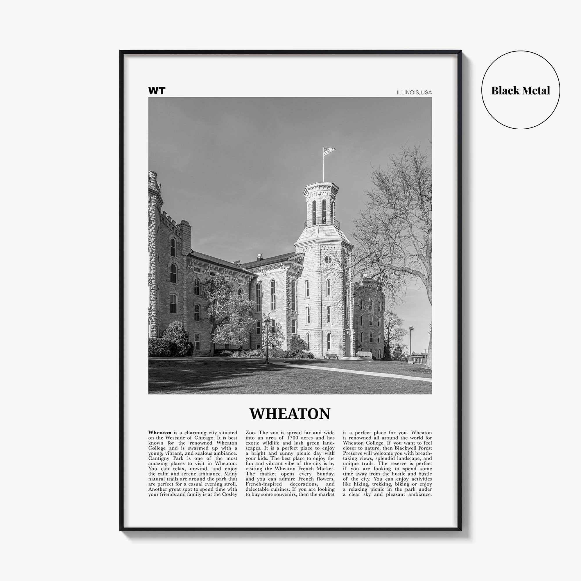 Wheaton Print Black and White, Wheaton Wall Art, Wheaton Poster, Wheaton Photo, Wheaton Map, Illinois, USA, United States