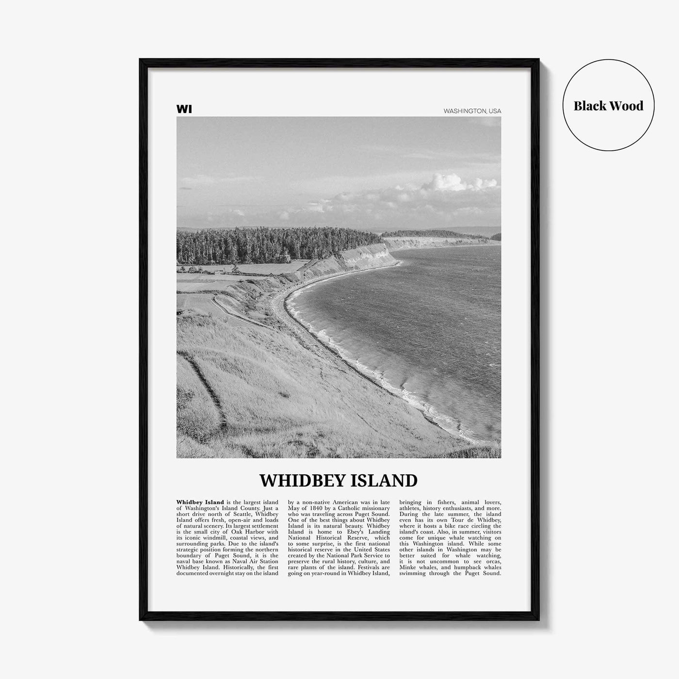 Whidbey Island Print Black and White, Whidbey Island Wall Art, Whidbey Island Poster, Whidbey Island Photo, Whidbey Island Map, Washington
