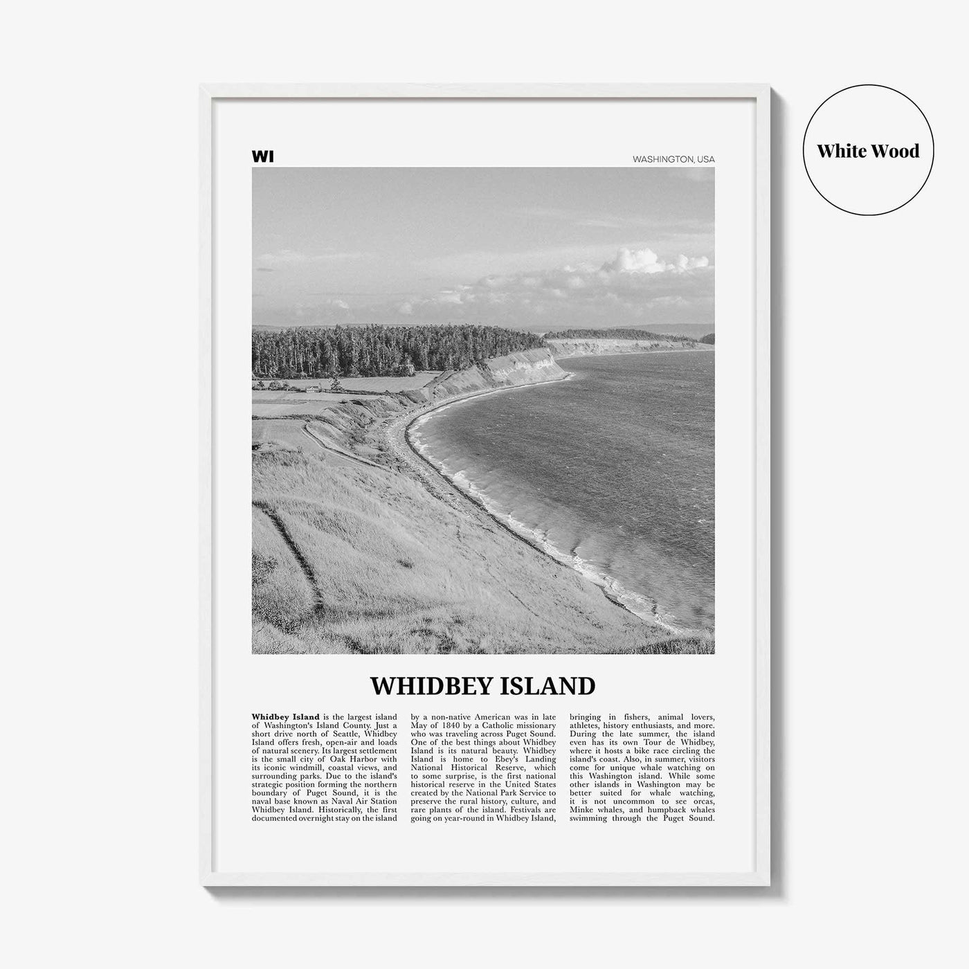 Whidbey Island Print Black and White, Whidbey Island Wall Art, Whidbey Island Poster, Whidbey Island Photo, Whidbey Island Map, Washington
