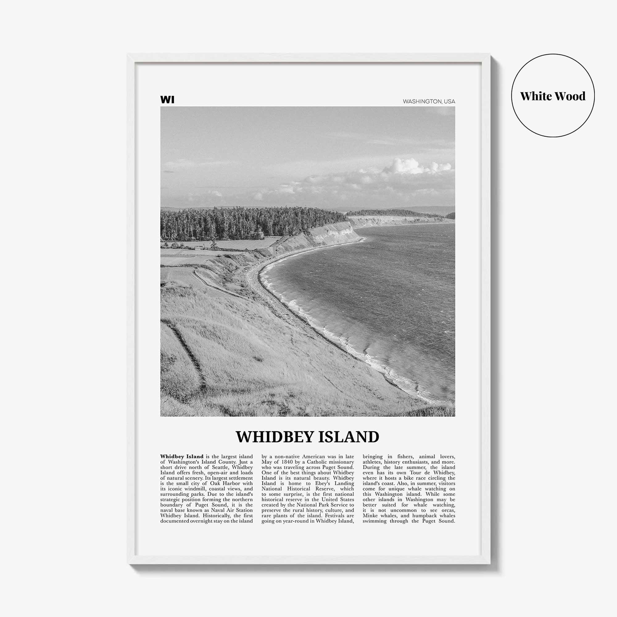 Whidbey Island Print Black and White, Whidbey Island Wall Art, Whidbey Island Poster, Whidbey Island Photo, Whidbey Island Map, Washington