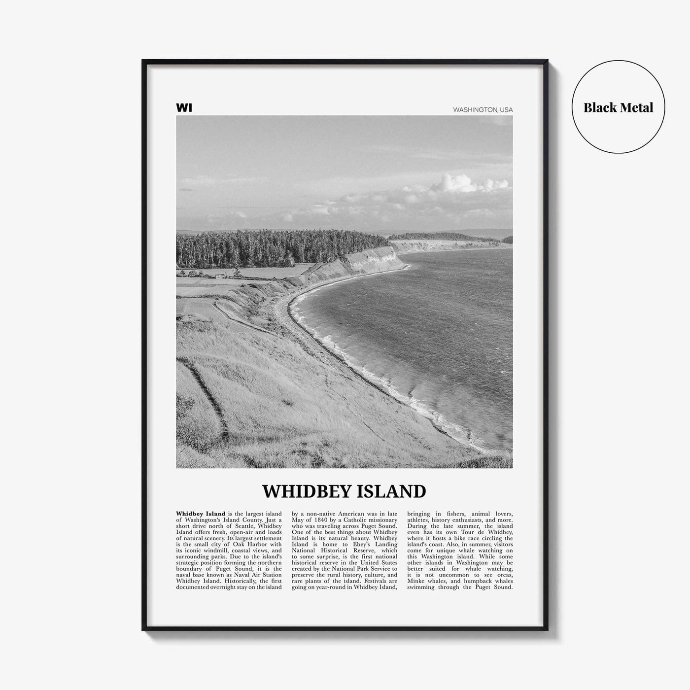 Whidbey Island Print Black and White, Whidbey Island Wall Art, Whidbey Island Poster, Whidbey Island Photo, Whidbey Island Map, Washington