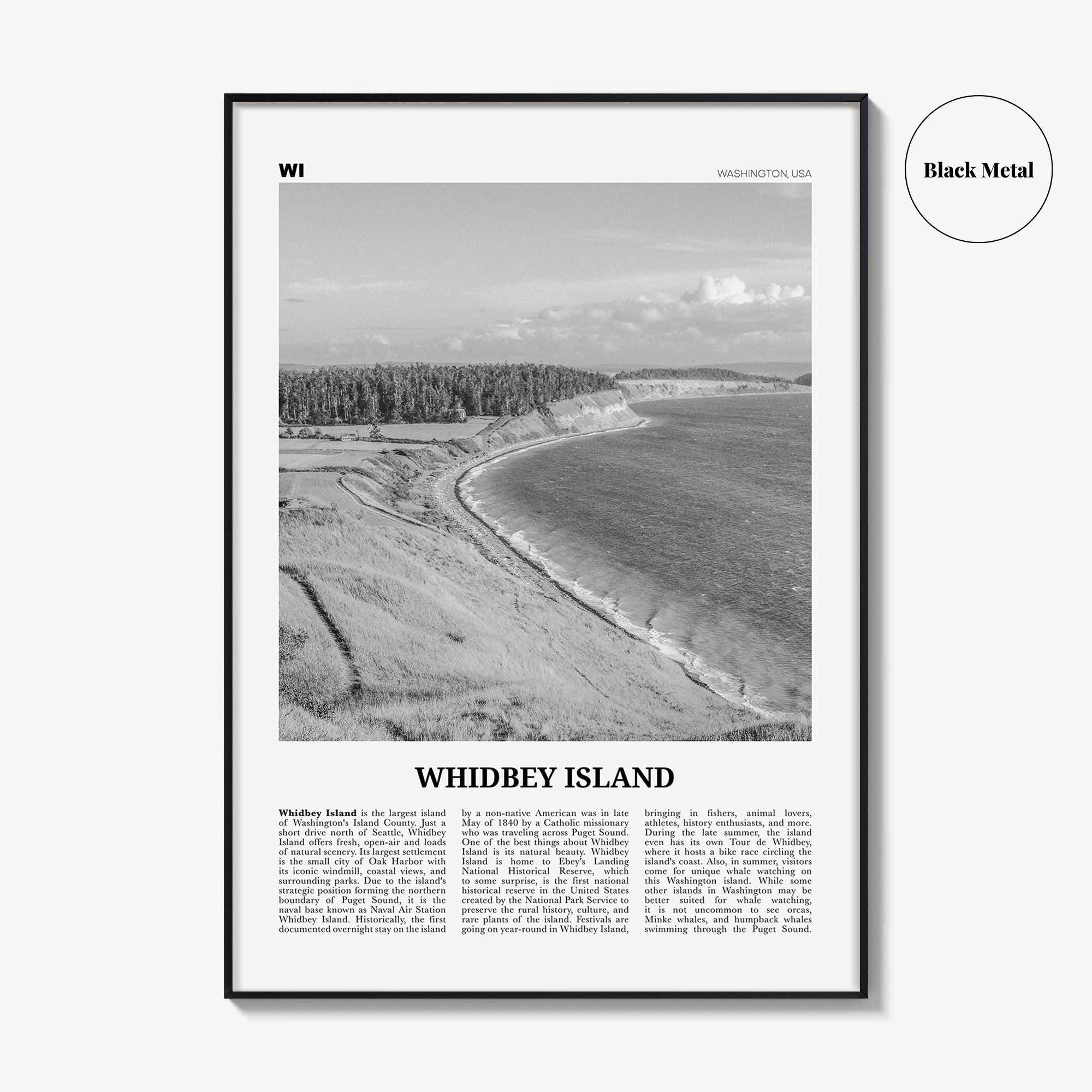Whidbey Island Print Black and White, Whidbey Island Wall Art, Whidbey Island Poster, Whidbey Island Photo, Whidbey Island Map, Washington