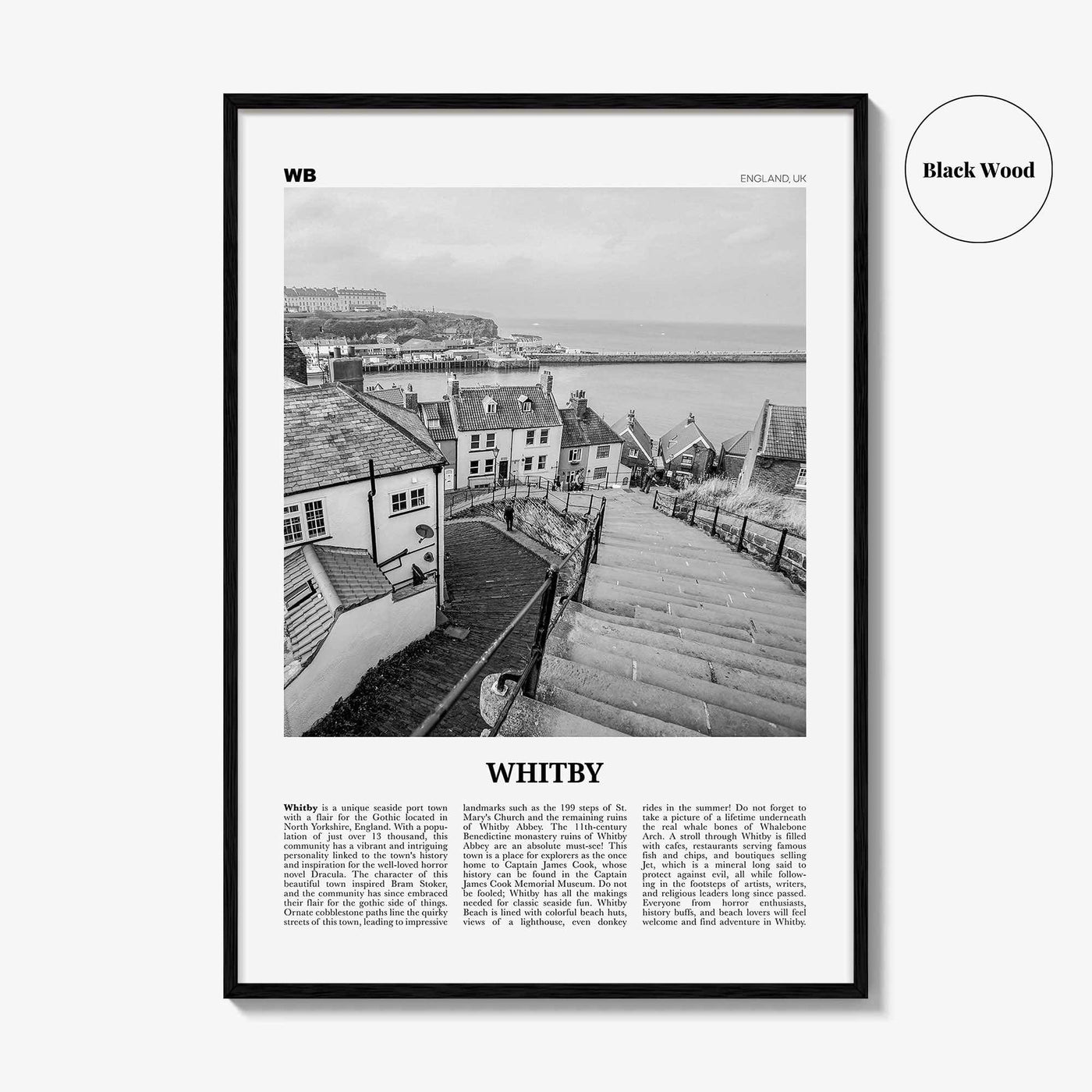 Whitby Print Black and White, Whitby Wall Art, Whitby Poster, Whitby Photo, Whitby Wall Décor, England, UK, United Kingdom