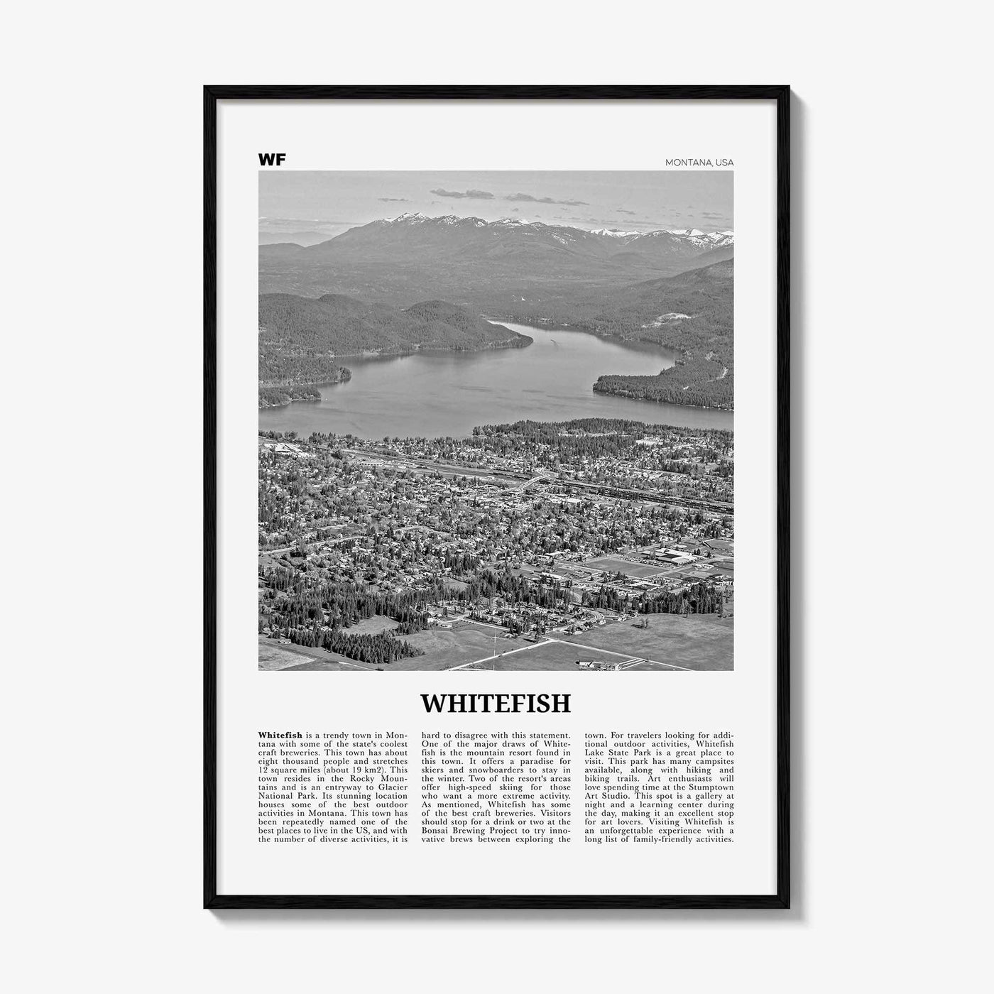Whitefish Print Black and White, Whitefish Wall Art, Whitefish Poster, Whitefish Photo, Whitefish Wall Décor, Whitefish Map, Montana, USA