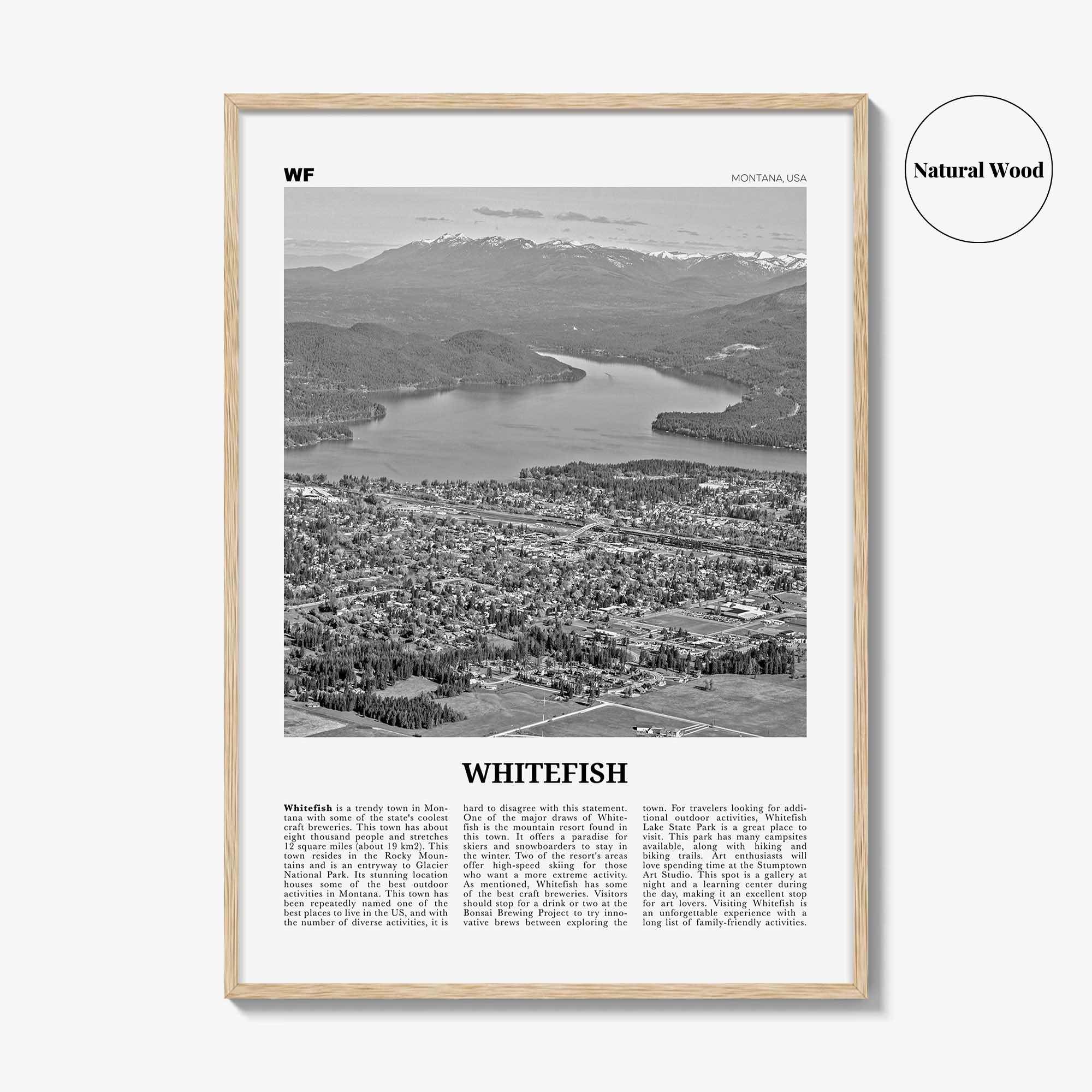 Whitefish Print Black and White, Whitefish Wall Art, Whitefish Poster, Whitefish Photo, Whitefish Wall Décor, Whitefish Map, Montana, USA