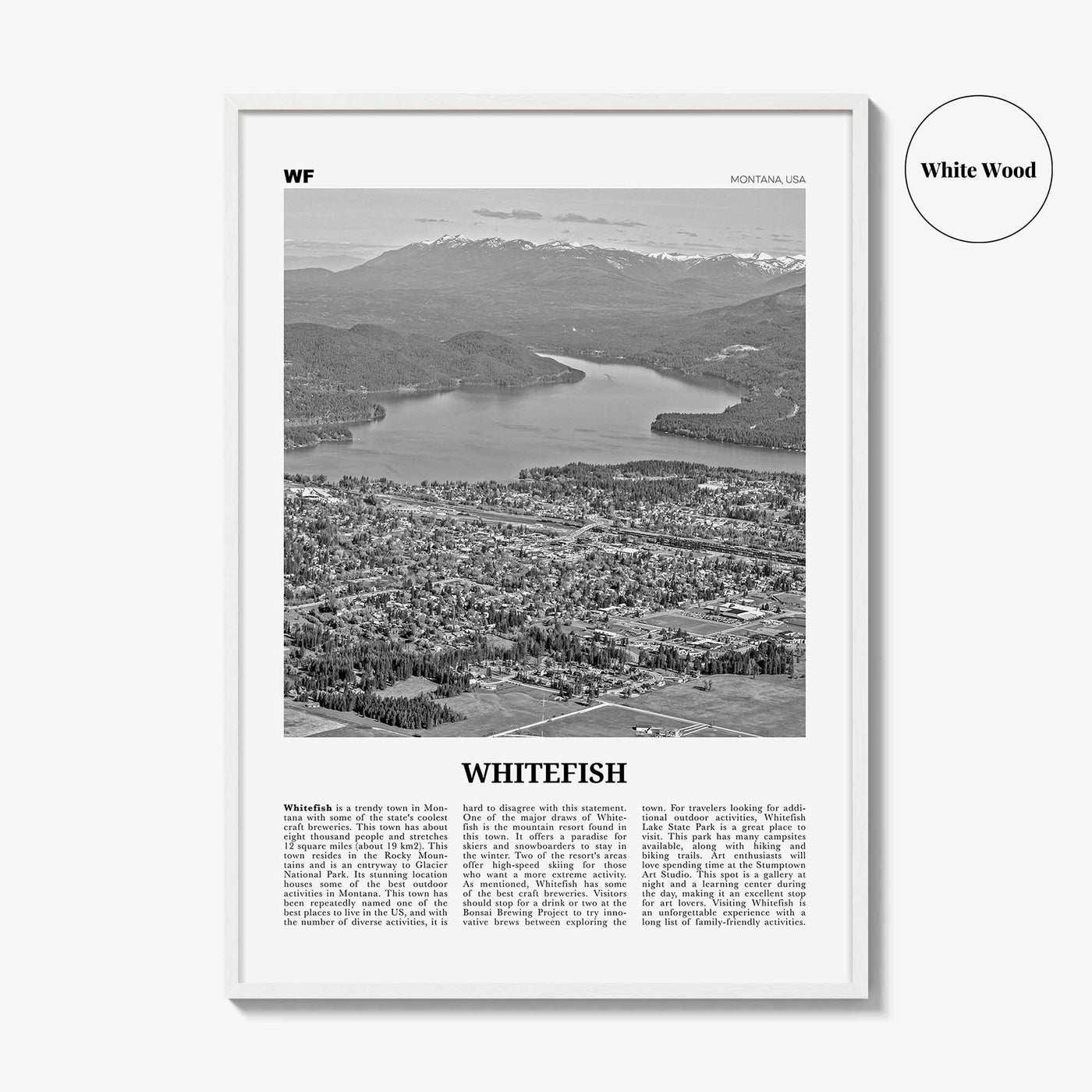 Whitefish Print Black and White, Whitefish Wall Art, Whitefish Poster, Whitefish Photo, Whitefish Wall Décor, Whitefish Map, Montana, USA