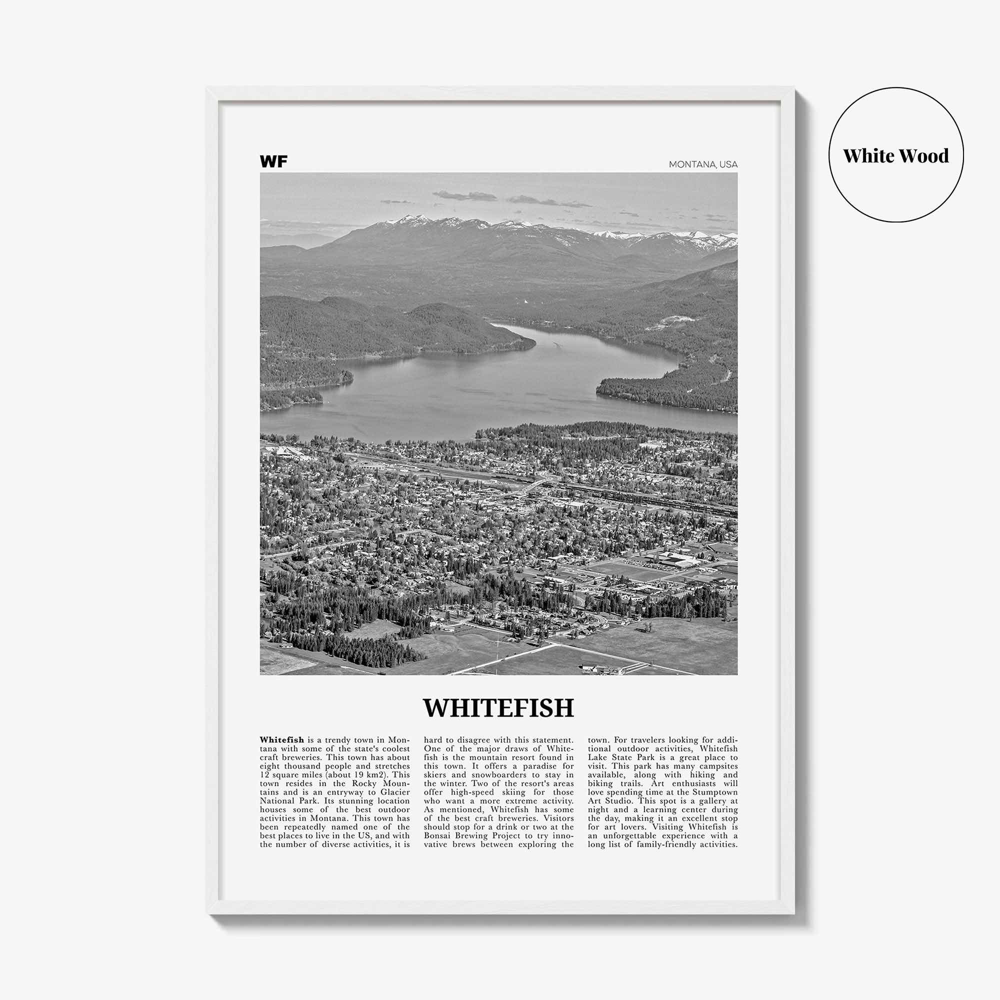 Whitefish Print Black and White, Whitefish Wall Art, Whitefish Poster, Whitefish Photo, Whitefish Wall Décor, Whitefish Map, Montana, USA