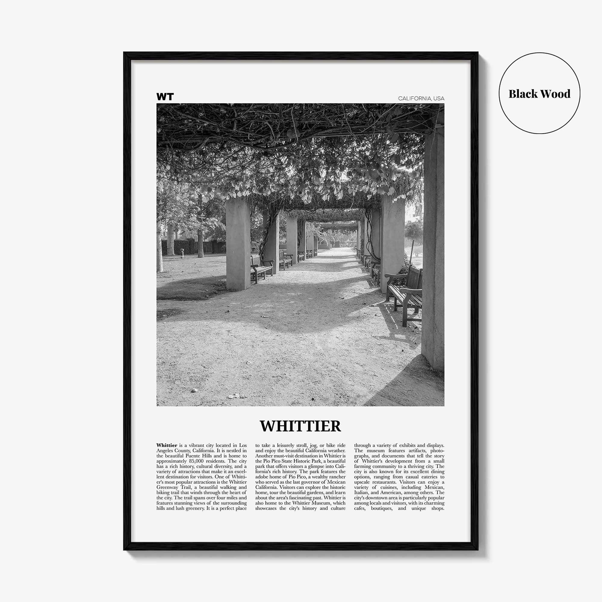 Whittier Print Black and White California, Whittier Wall Art, Whittier Poster, Whittier Photo, California, USA, United States, North America