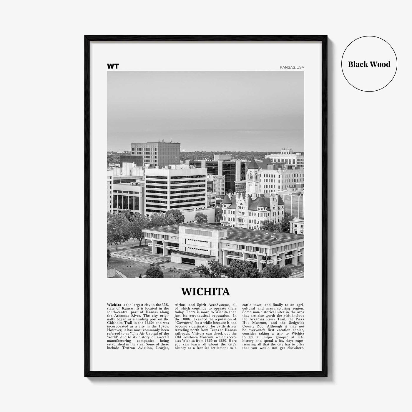 Wichita Print Black and White, Wichita Wall Art, Wichita Poster, Wichita Photo, Wichita Wall Décor, Kansas, USA, United States North America
