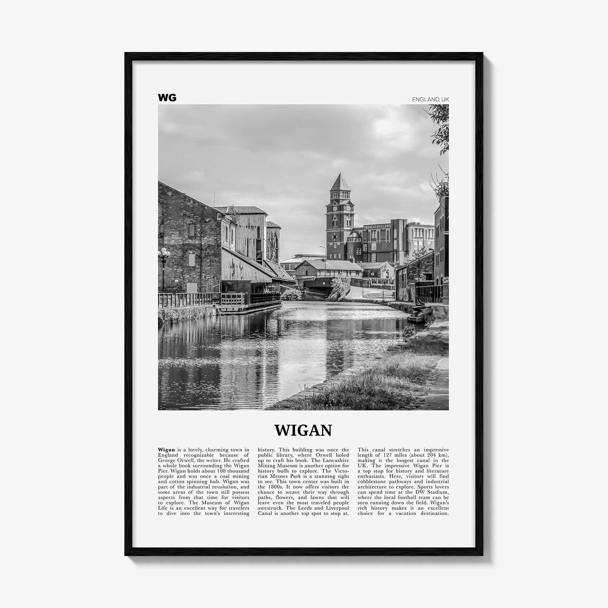 Wigan Print Black and White, Wigan Wall Art, Wigan Poster, Wigan Photo, Wigan Wall Décor, Wigan Map, England, United Kingdom