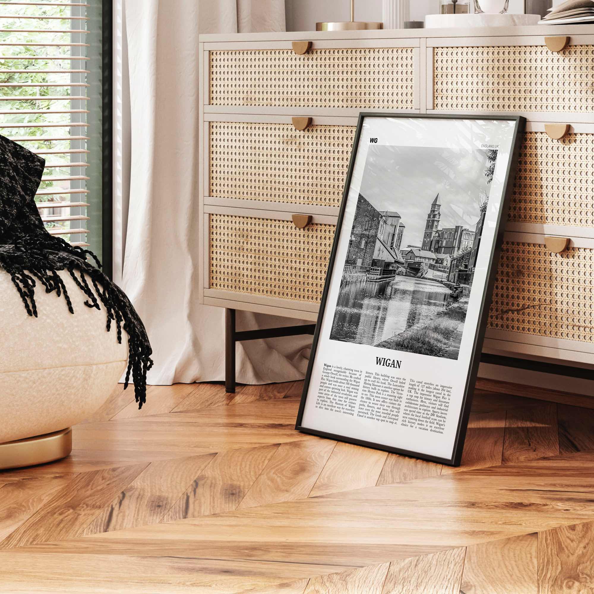 Wigan Print Black and White, Wigan Wall Art, Wigan Poster, Wigan Photo, Wigan Wall Décor, Wigan Map, England, United Kingdom