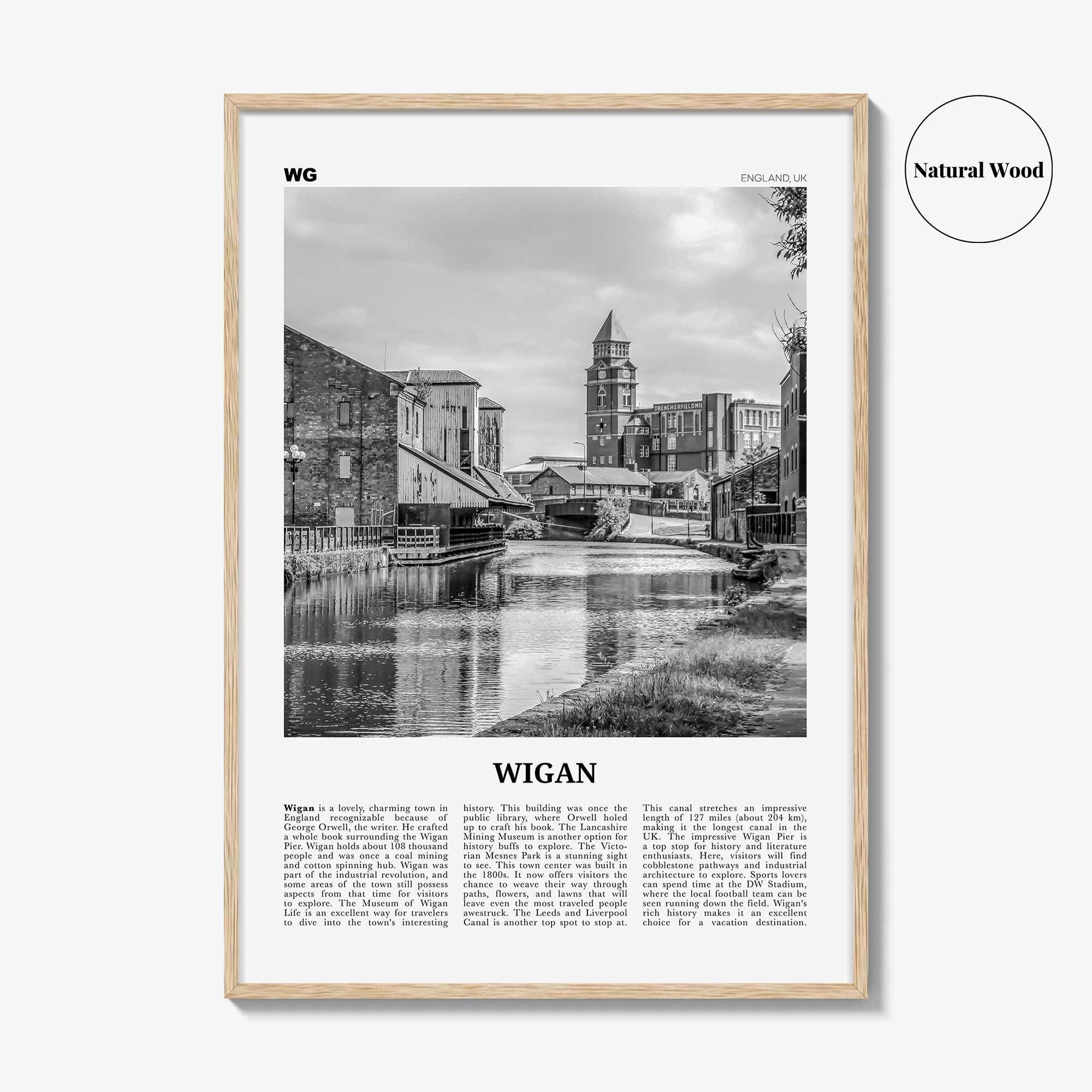 Wigan Print Black and White, Wigan Wall Art, Wigan Poster, Wigan Photo, Wigan Wall Décor, Wigan Map, England, United Kingdom