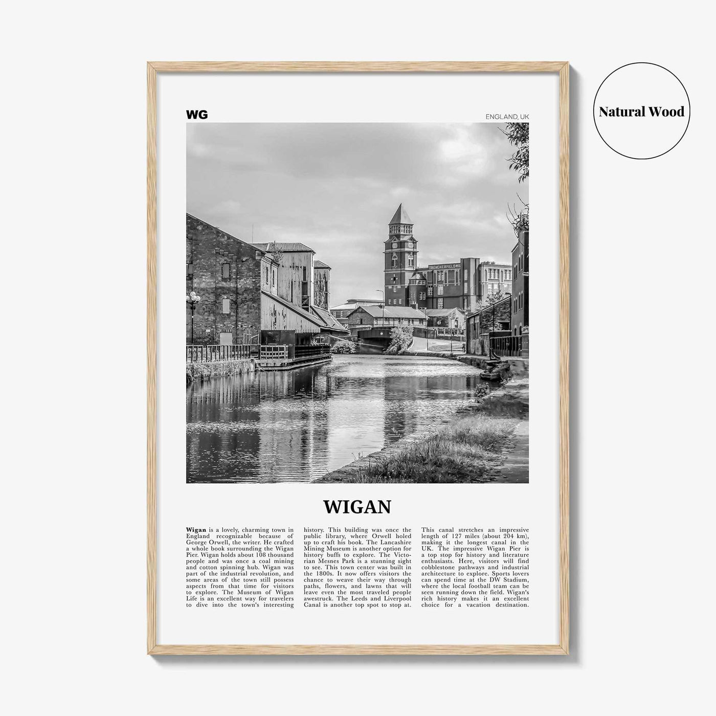 Wigan Print Black and White, Wigan Wall Art, Wigan Poster, Wigan Photo, Wigan Wall Décor, Wigan Map, England, United Kingdom