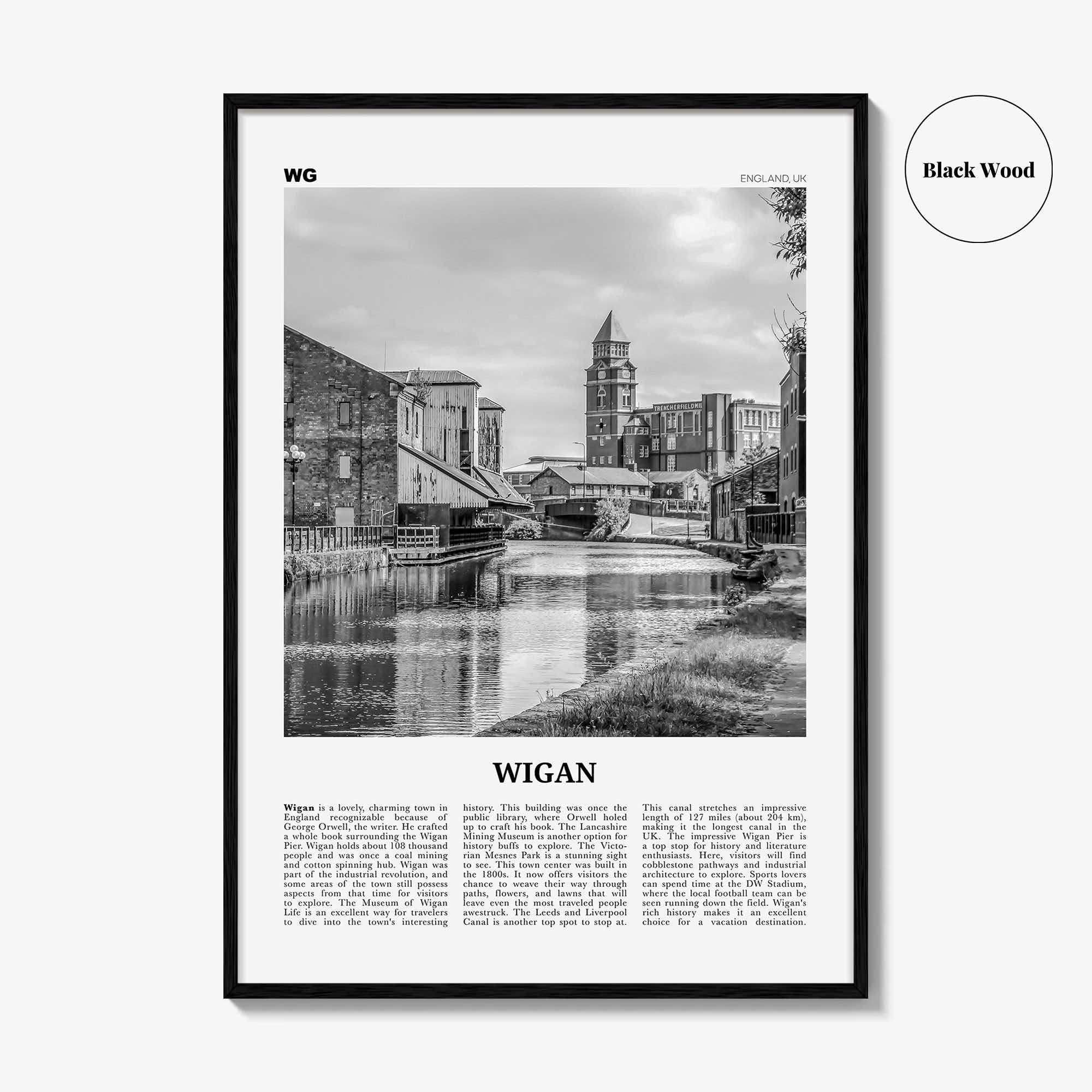 Wigan Print Black and White, Wigan Wall Art, Wigan Poster, Wigan Photo, Wigan Wall Décor, Wigan Map, England, United Kingdom