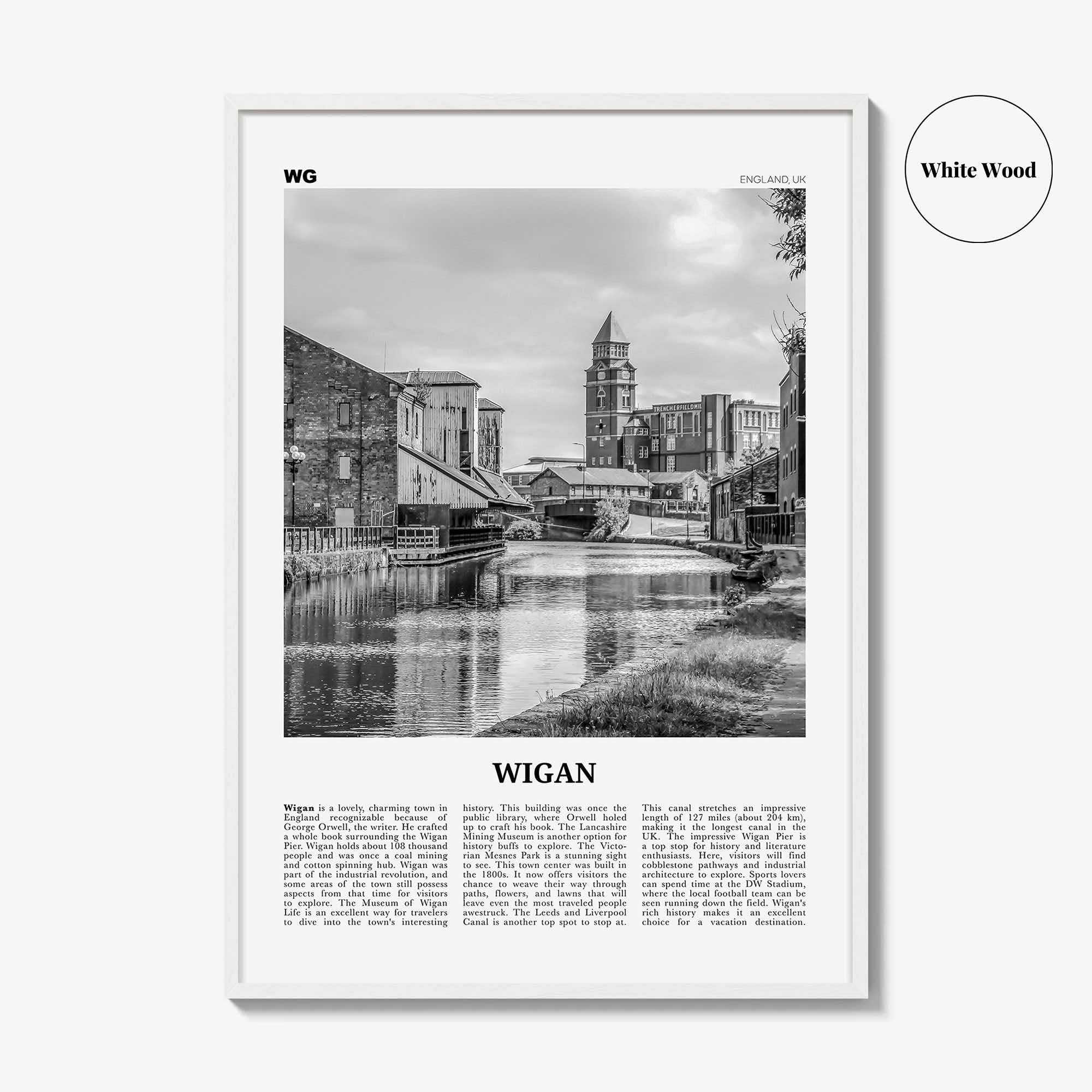 Wigan Print Black and White, Wigan Wall Art, Wigan Poster, Wigan Photo, Wigan Wall Décor, Wigan Map, England, United Kingdom