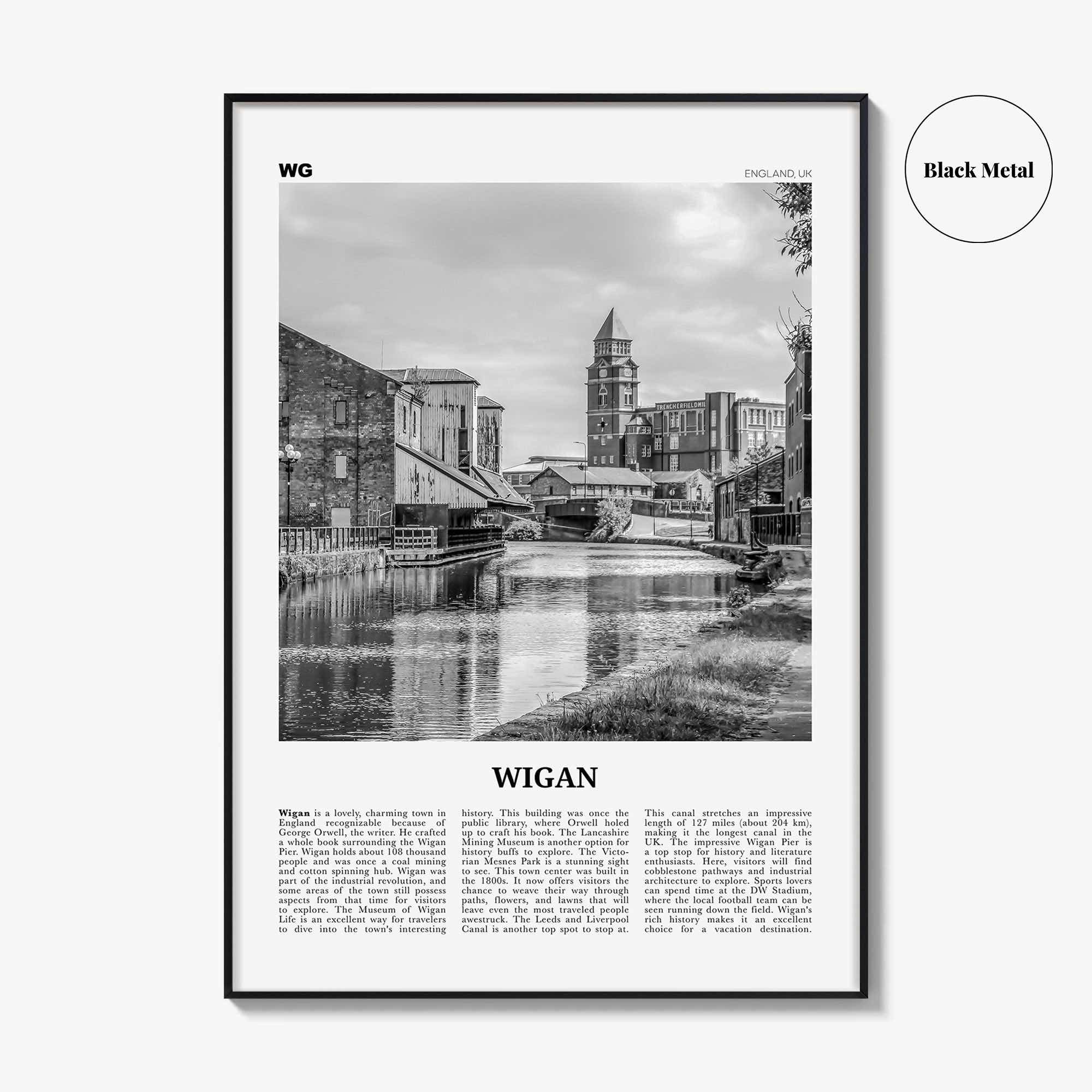 Wigan Print Black and White, Wigan Wall Art, Wigan Poster, Wigan Photo, Wigan Wall Décor, Wigan Map, England, United Kingdom
