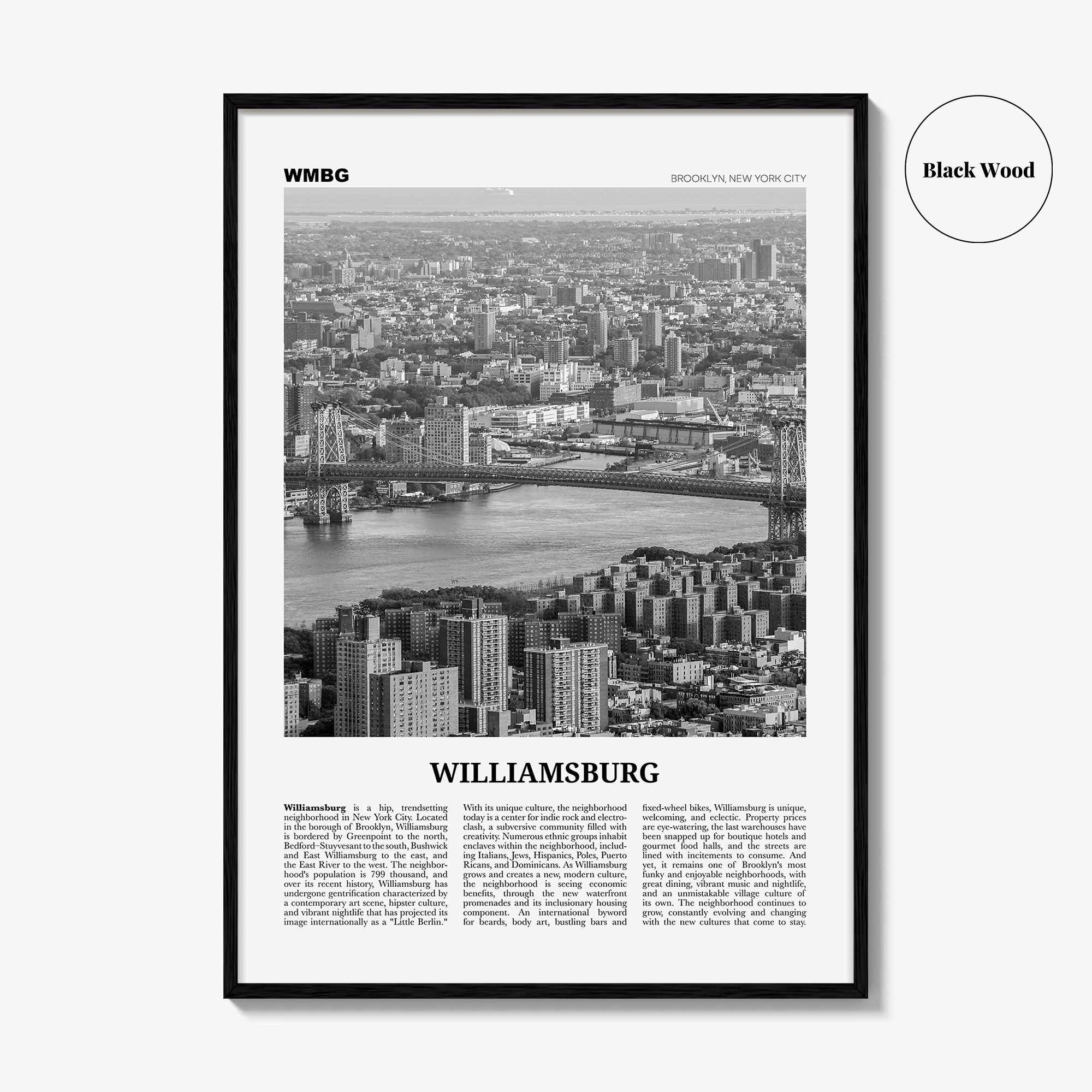 Williamsburg Print Black and White New York No 1, Williamsburg Wall Art, Williamsburg Poster, Brooklyn, USA, United States, North America