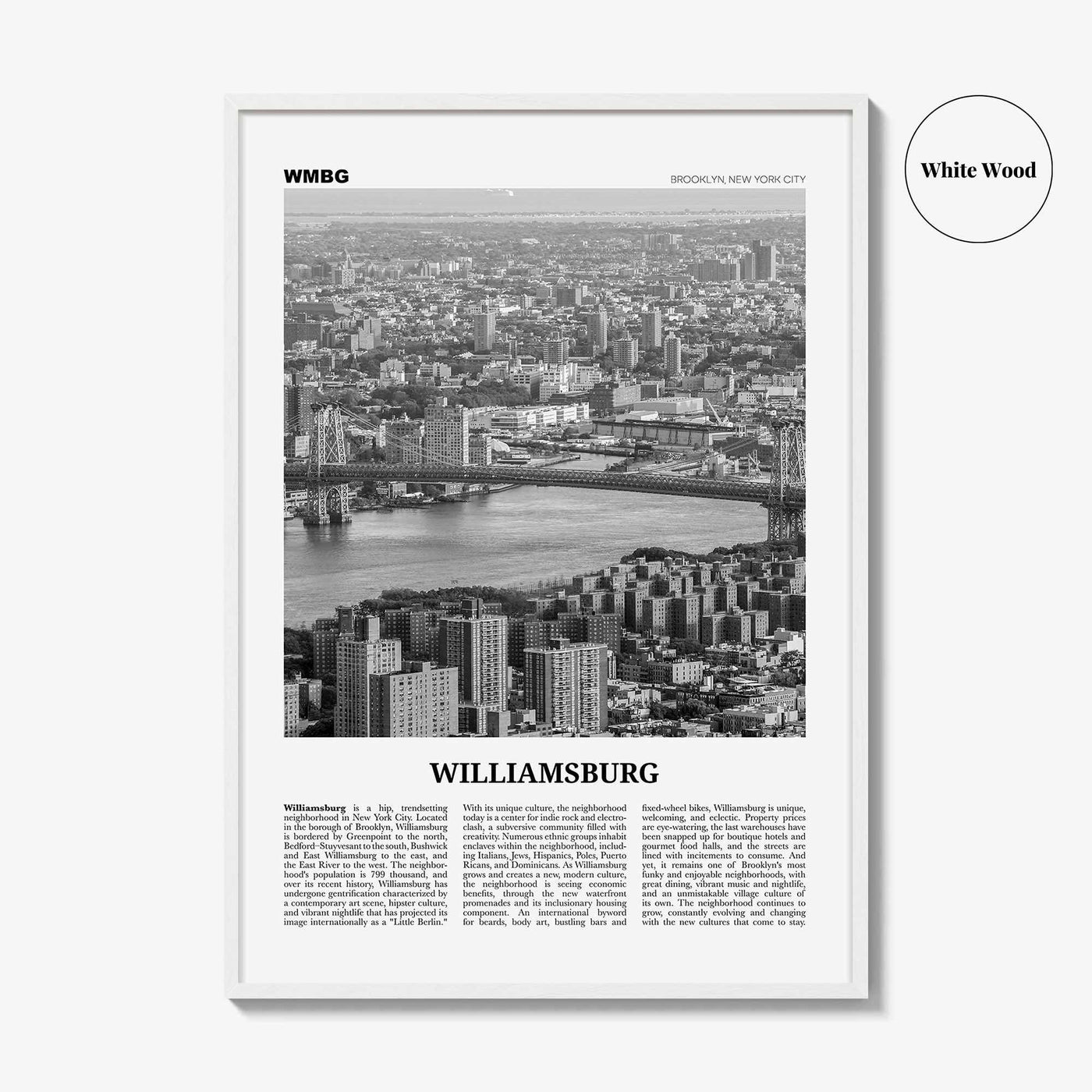Williamsburg Print Black and White New York No 1, Williamsburg Wall Art, Williamsburg Poster, Brooklyn, USA, United States, North America