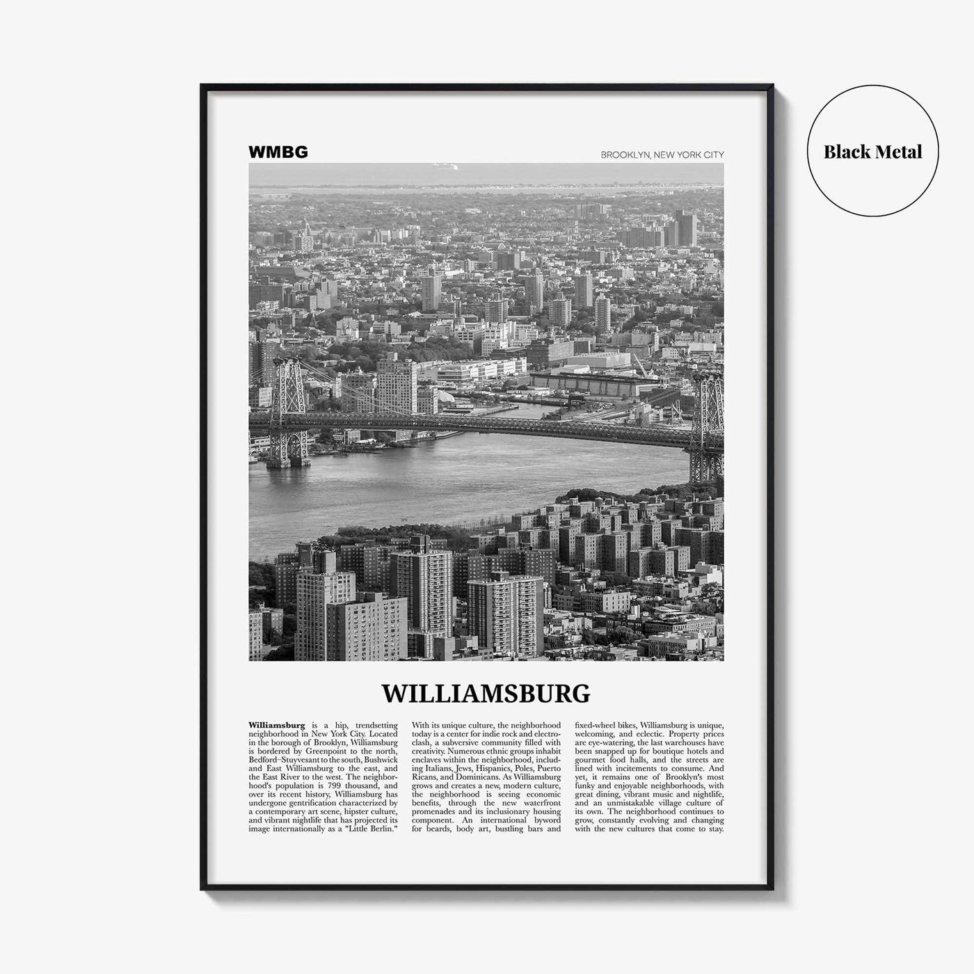Williamsburg Print Black and White New York No 1, Williamsburg Wall Art, Williamsburg Poster, Brooklyn, USA, United States, North America