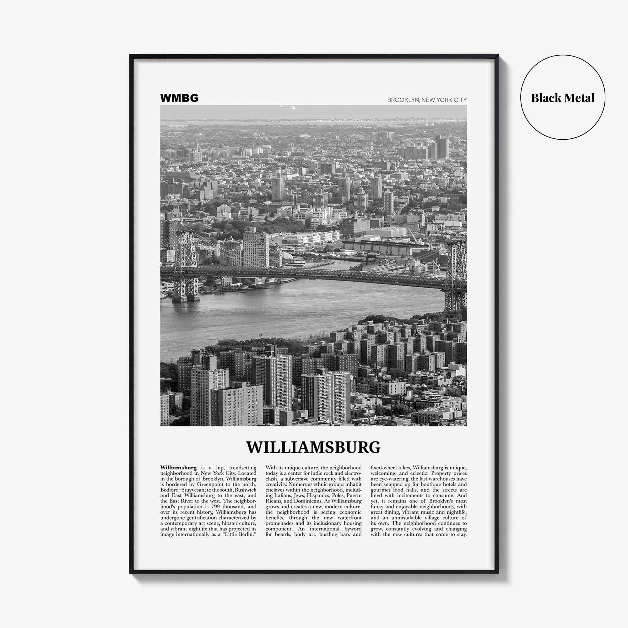 Williamsburg Print Black and White New York No 1, Williamsburg Wall Art, Williamsburg Poster, Brooklyn, USA, United States, North America