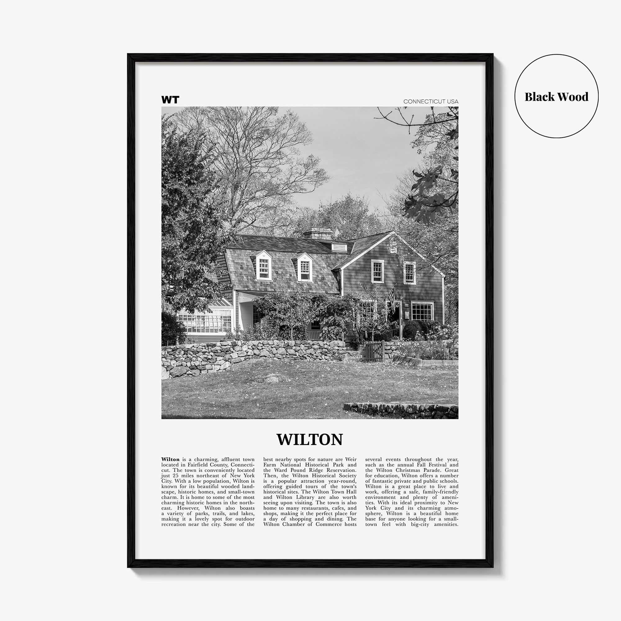 Wilton Print Black and White, Wilton Wall Art, Wilton Poster, Wilton Photo, Wilton Wall Décor, Wilton Map, Connecticut