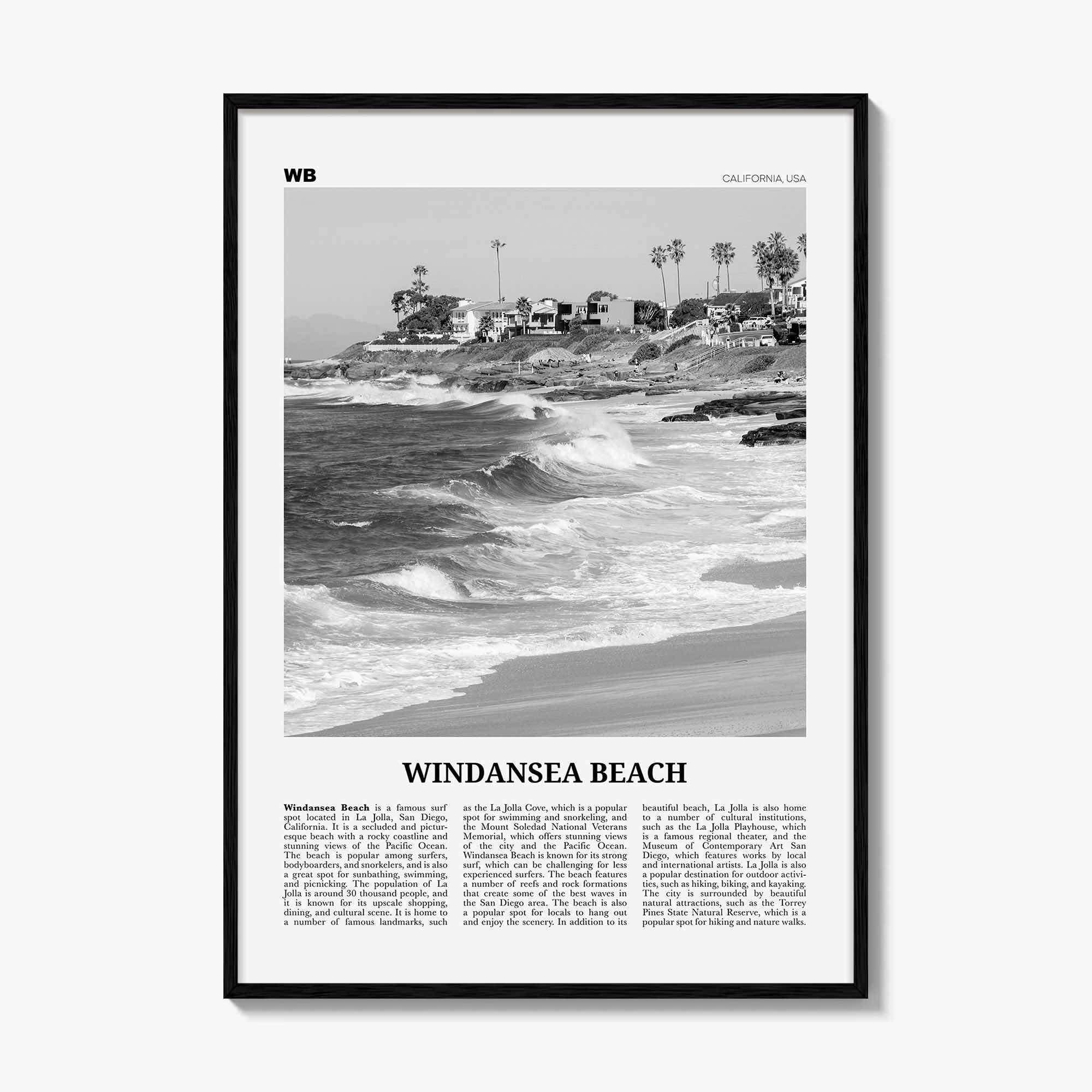 Windansea Beach Print Black and White, Windansea Beach Wall Art, Windansea Beach Poster, Windansea Beach Photo, Windansea Beach Décor, Map