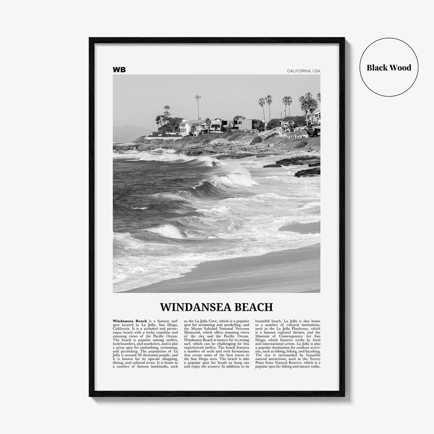 Windansea Beach Print Black and White, Windansea Beach Wall Art, Windansea Beach Poster, Windansea Beach Photo, Windansea Beach Décor, Map