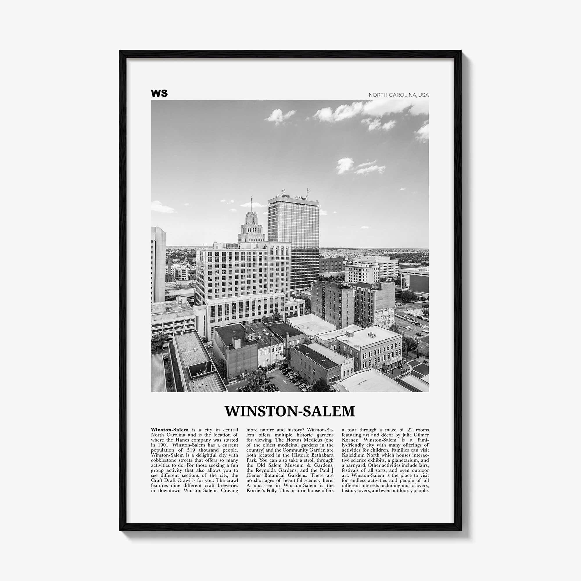 Winston Salem Print Black and White, Winston-Salem Wall Art, Winston-Salem Poster, Winston-Salem Photo, North Carolina, USA, United States