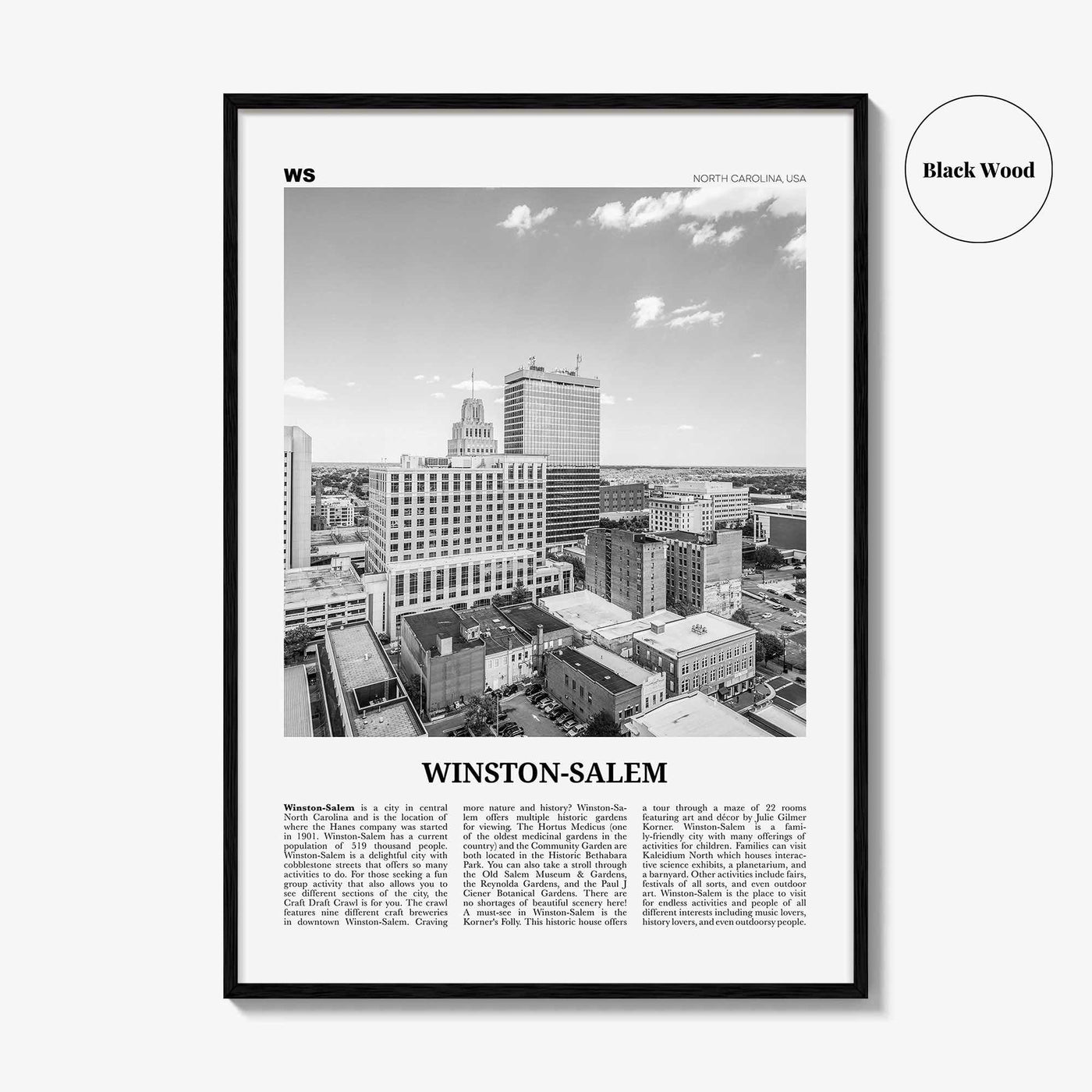 Winston Salem Print Black and White, Winston-Salem Wall Art, Winston-Salem Poster, Winston-Salem Photo, North Carolina, USA, United States