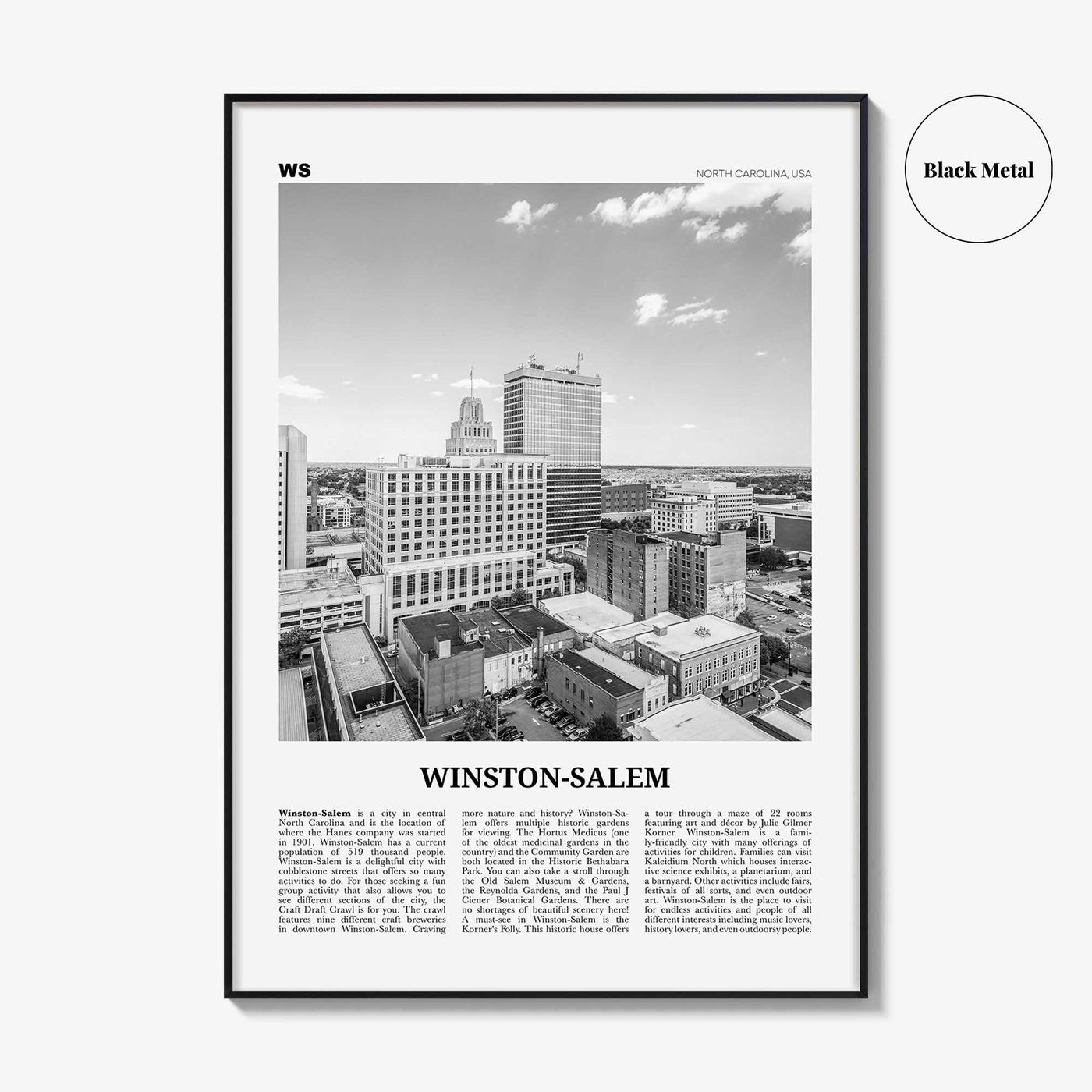 Winston Salem Print Black and White, Winston-Salem Wall Art, Winston-Salem Poster, Winston-Salem Photo, North Carolina, USA, United States