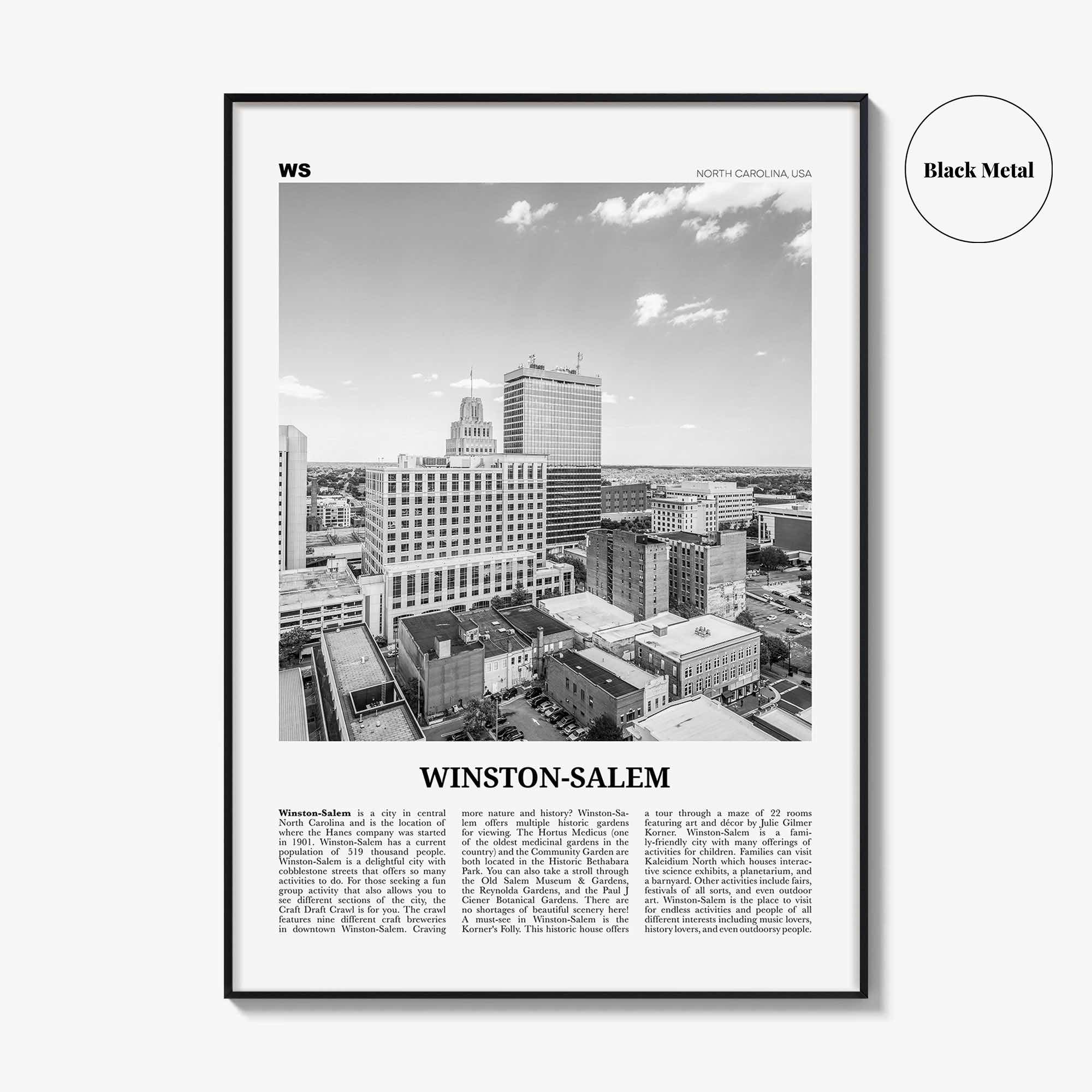 Winston Salem Print Black and White, Winston-Salem Wall Art, Winston-Salem Poster, Winston-Salem Photo, North Carolina, USA, United States