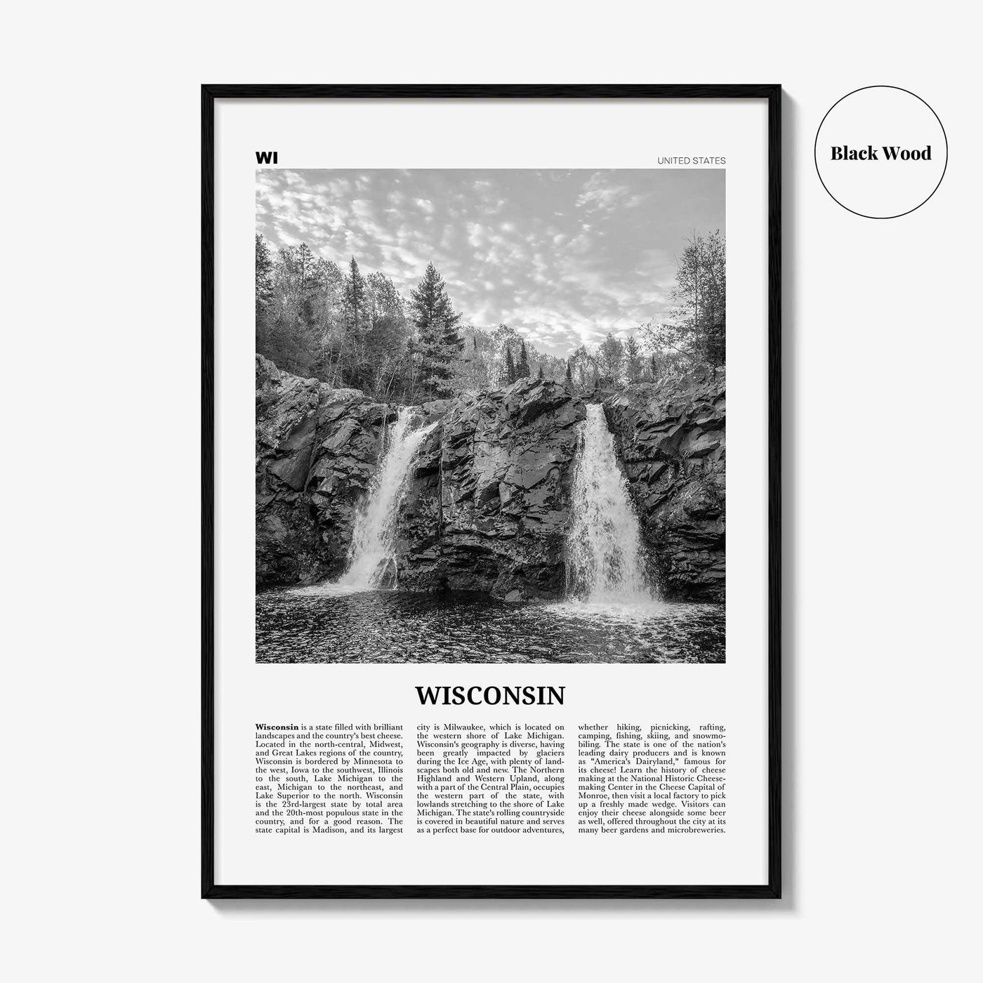 Wisconsin Print Black and White No 1, Wisconsin Wall Art, Wisconsin Poster, Wisconsin Photo, Wisconsin Wall Décor, Wisconsin Map