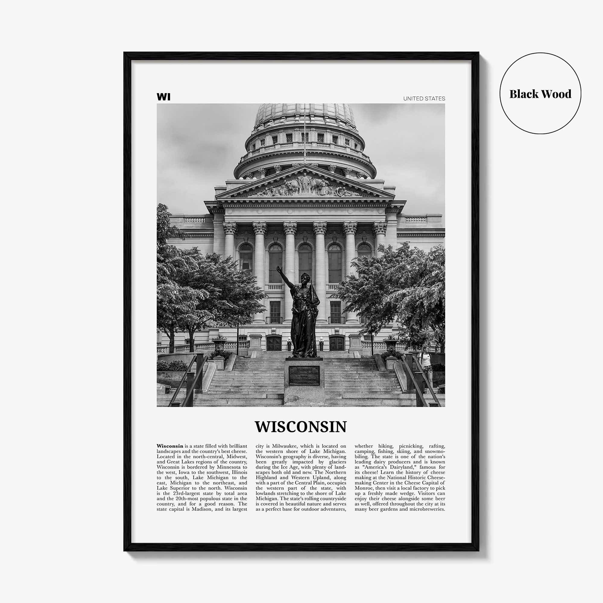 Wisconsin Print Black and White No 3, Wisconsin Wall Art, Wisconsin Poster, Wisconsin Photo, Wisconsin Wall Décor, Wisconsin Map