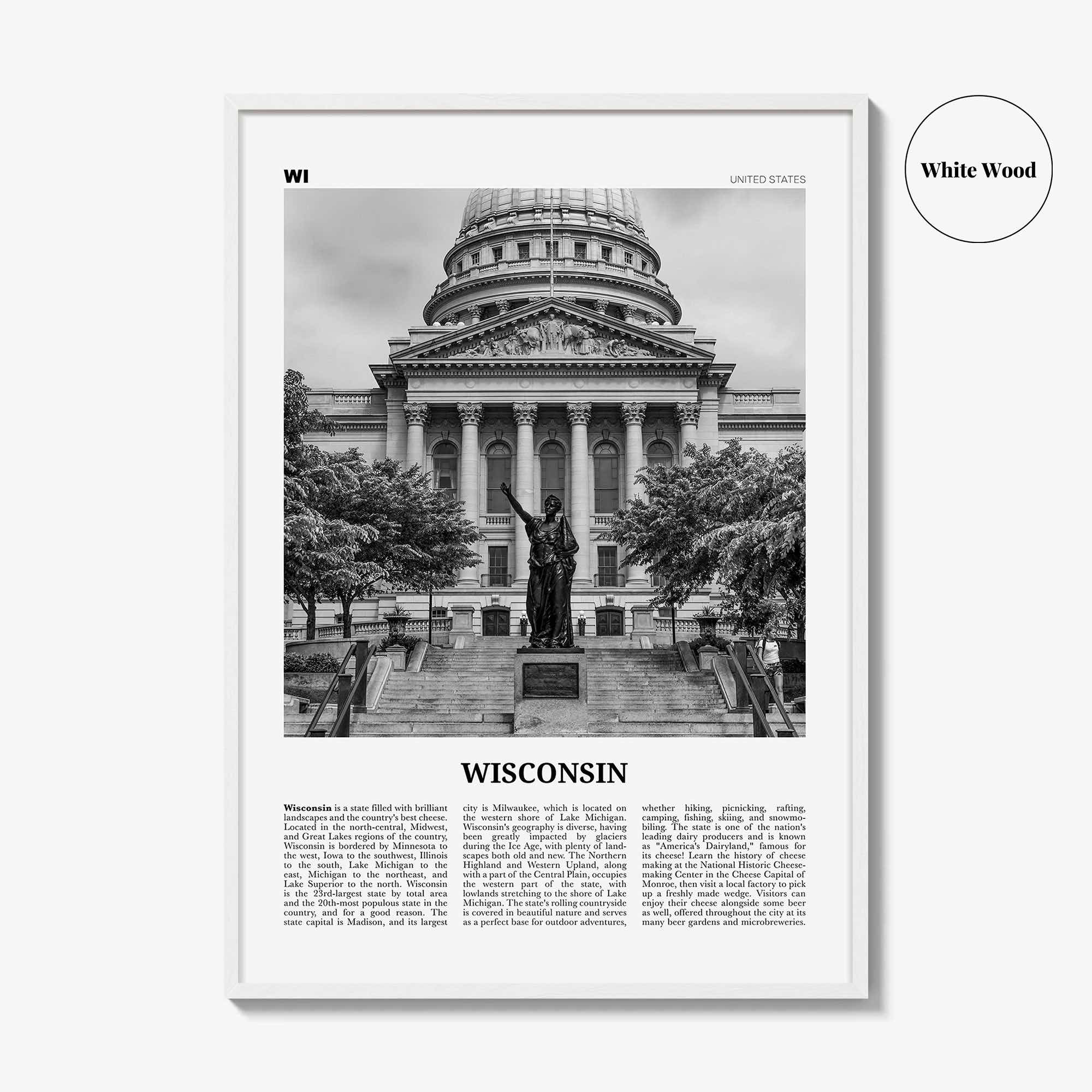 Wisconsin Print Black and White No 3, Wisconsin Wall Art, Wisconsin Poster, Wisconsin Photo, Wisconsin Wall Décor, Wisconsin Map