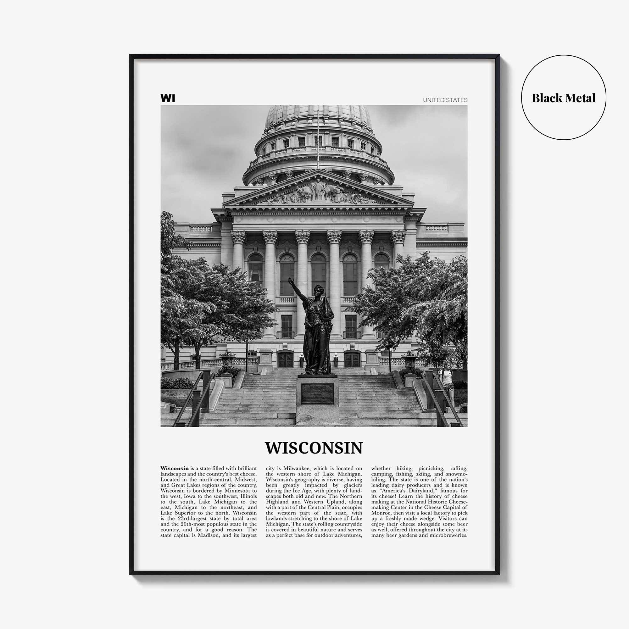 Wisconsin Print Black and White No 3, Wisconsin Wall Art, Wisconsin Poster, Wisconsin Photo, Wisconsin Wall Décor, Wisconsin Map